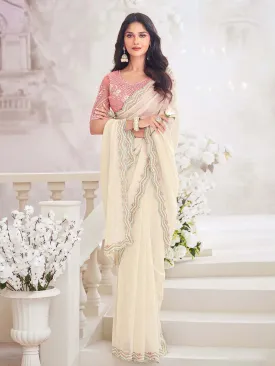 Outstanding Off-White Chiffon Crush Party Wear Saree