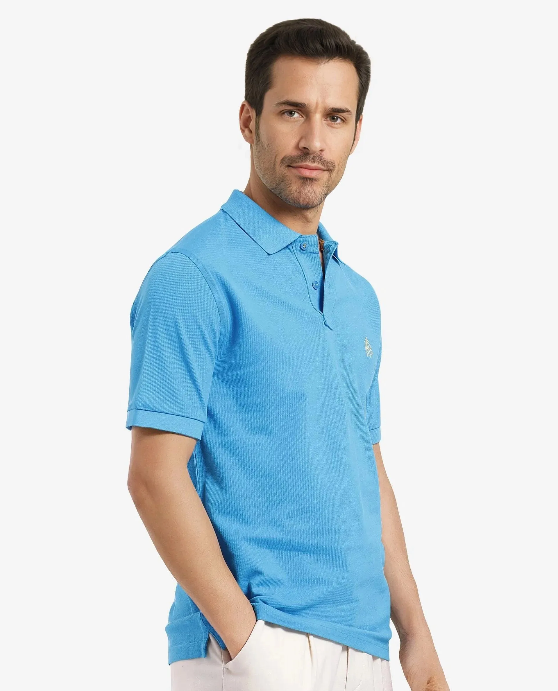 Rare Rabbit Men Pare-1 Flouroscent Blue Cotton Fabric Short Sleeve Collared Neck Regular Fit Embroidered Logo Polo