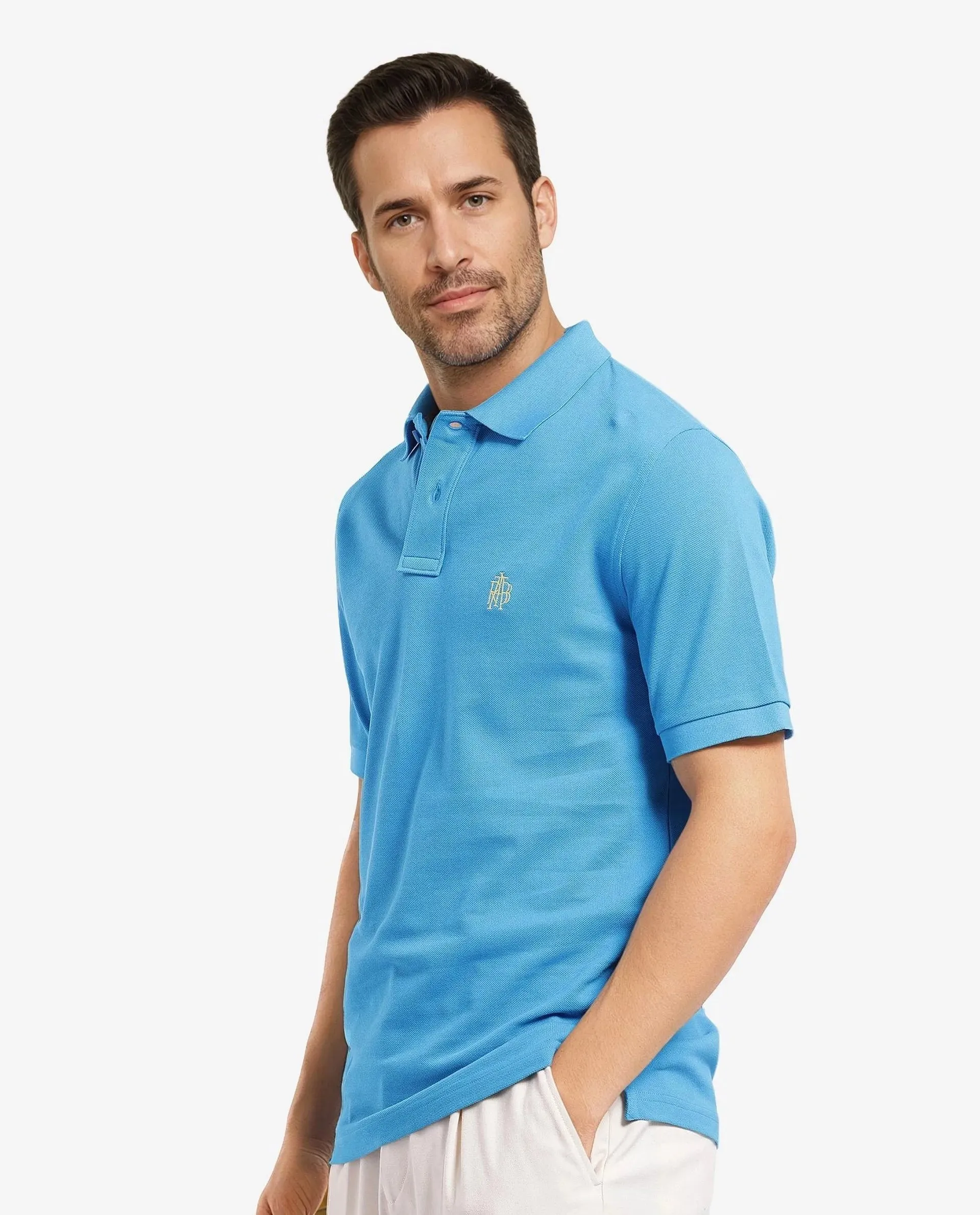 Rare Rabbit Men Pare-1 Flouroscent Blue Cotton Fabric Short Sleeve Collared Neck Regular Fit Embroidered Logo Polo