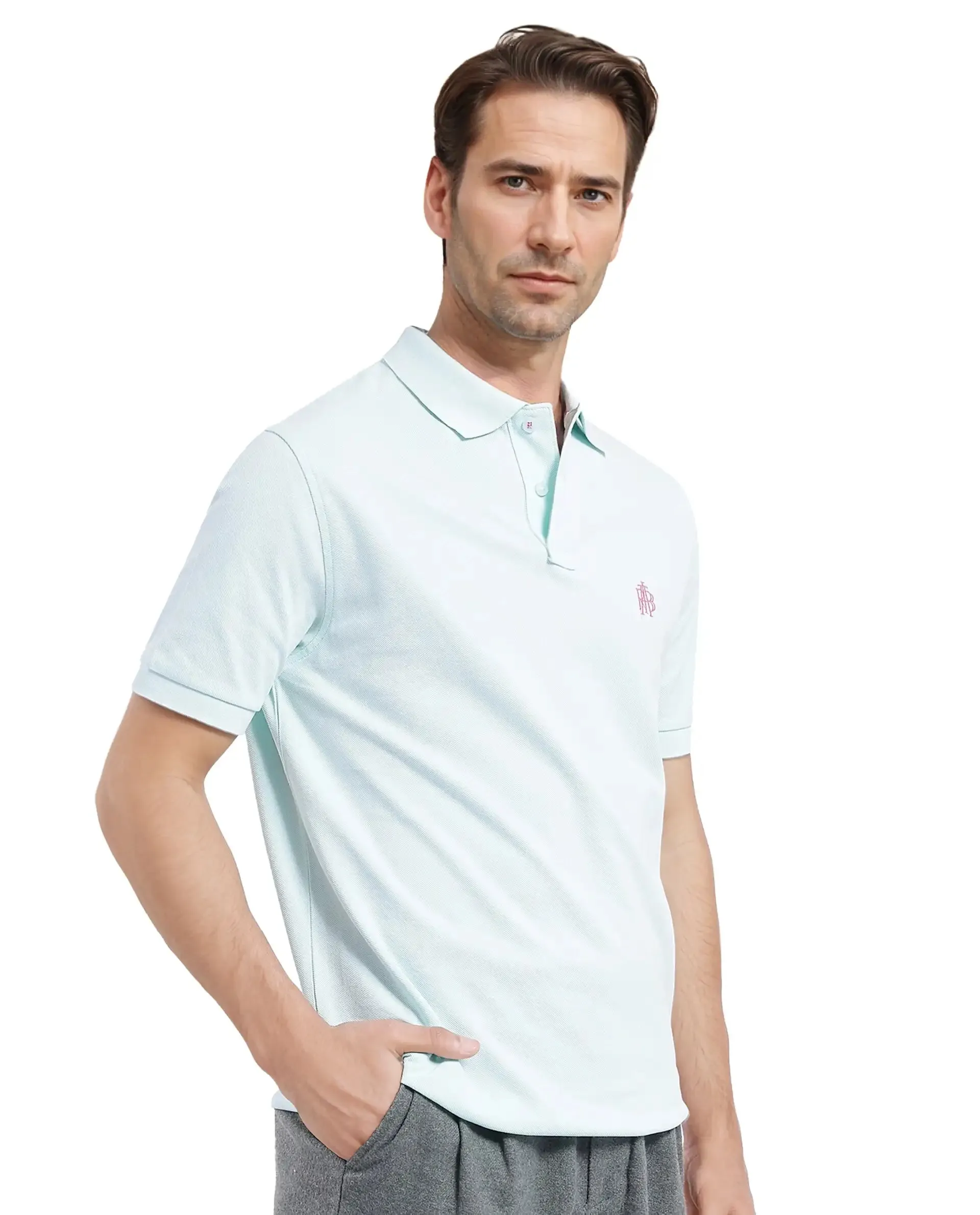 Rare Rabbit Men Pare-1 Light Blue Cotton Fabric Short Sleeve Collared Neck Regular Fit Printed Polo