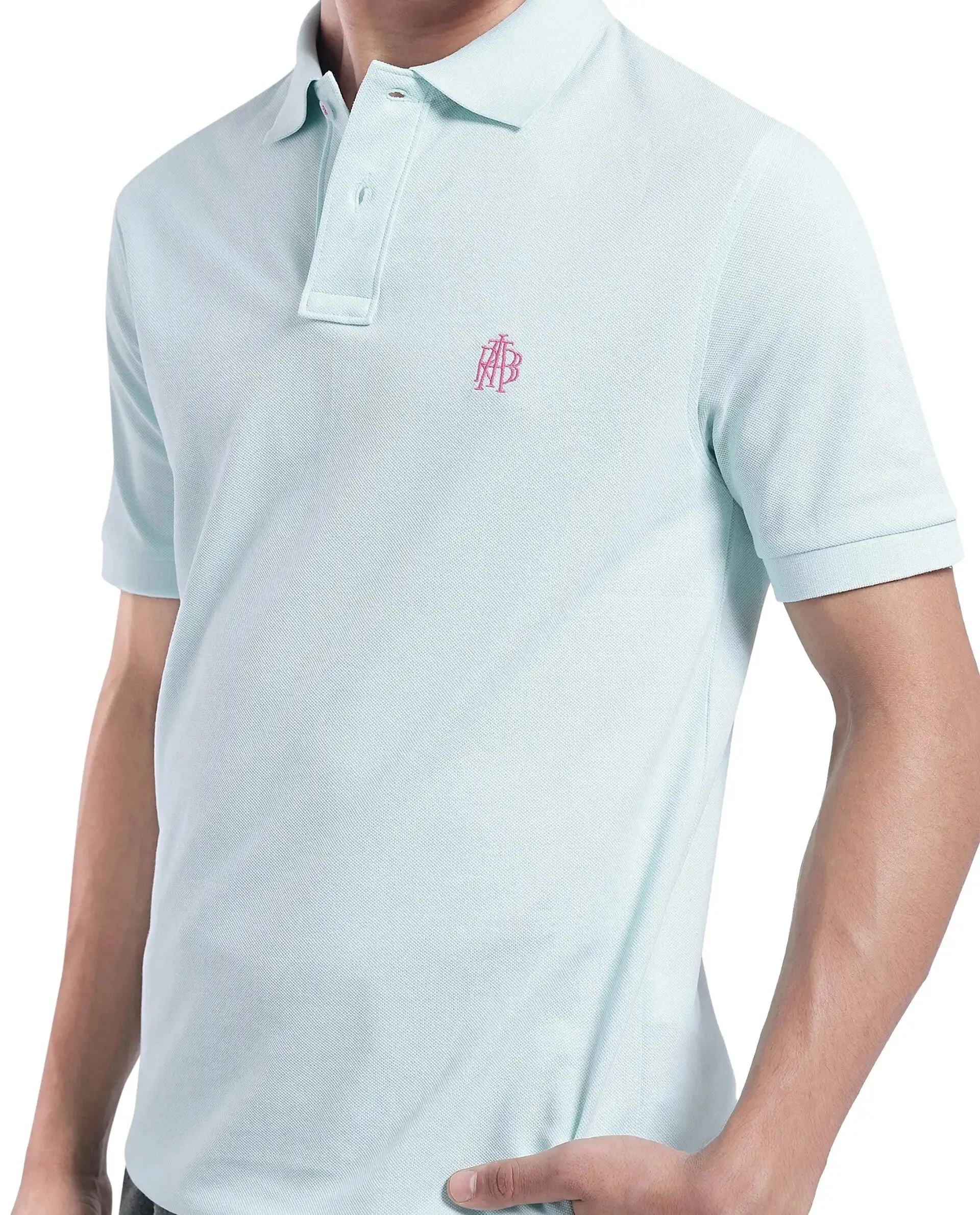 Rare Rabbit Men Pare-1 Light Blue Cotton Fabric Short Sleeve Collared Neck Regular Fit Printed Polo