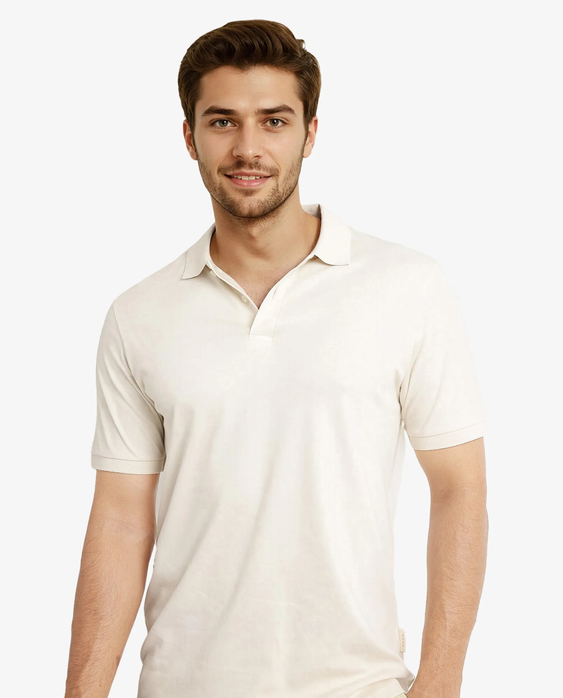 Rare Rabbit Men Row-1 Off White Cotton Fabric Short Sleeve Button Closure Regular Fit Solid Polo T-Shirt