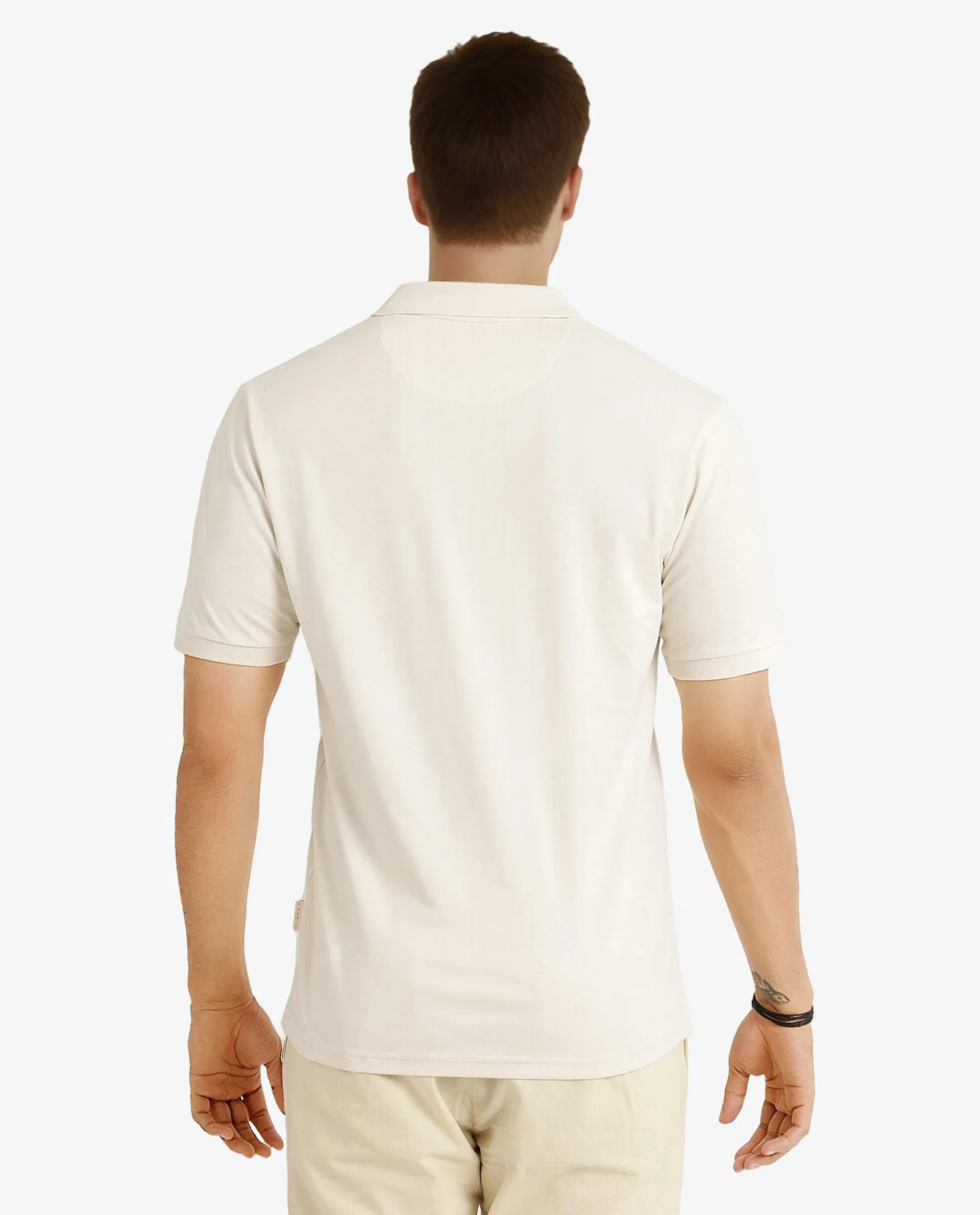 Rare Rabbit Men Row-1 Off White Cotton Fabric Short Sleeve Button Closure Regular Fit Solid Polo T-Shirt