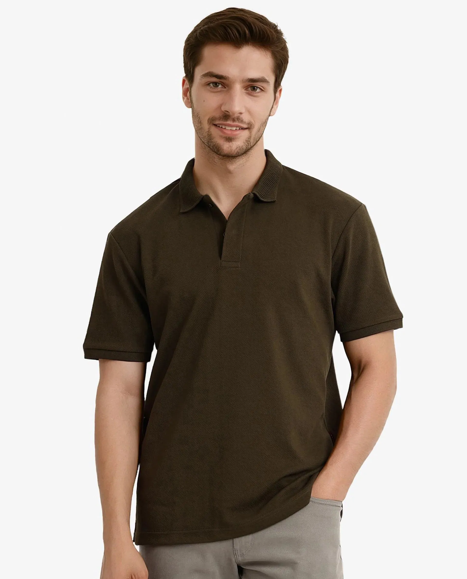 Rare Rabbit Men Spec Olive Cotton Polyester Fabric Short Sleeve Calvary Twill Textured Oversized Polo