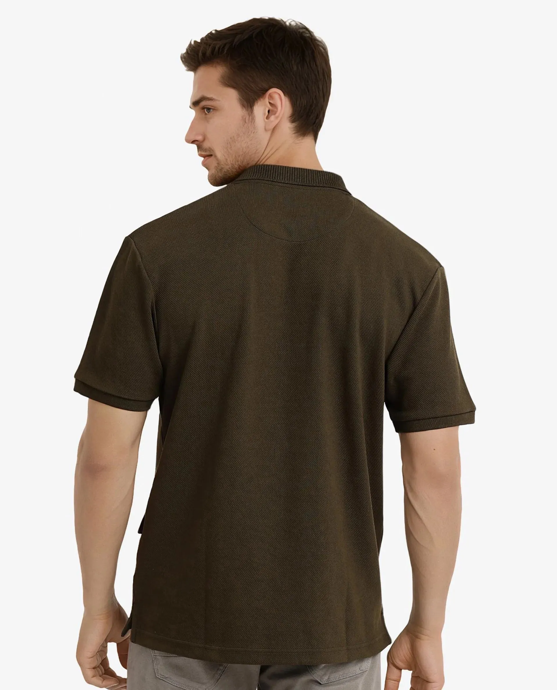 Rare Rabbit Men Spec Olive Cotton Polyester Fabric Short Sleeve Calvary Twill Textured Oversized Polo