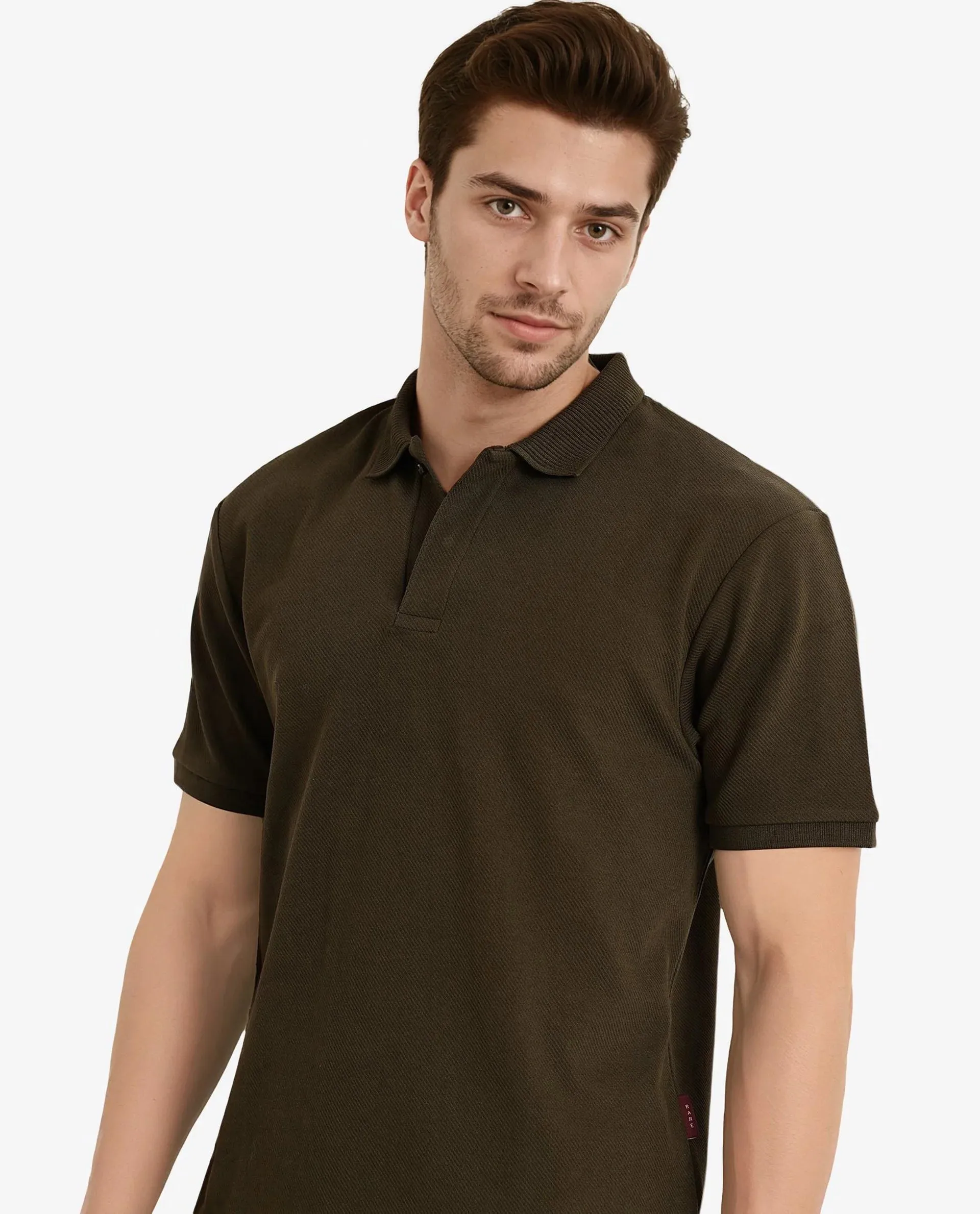 Rare Rabbit Men Spec Olive Cotton Polyester Fabric Short Sleeve Calvary Twill Textured Oversized Polo