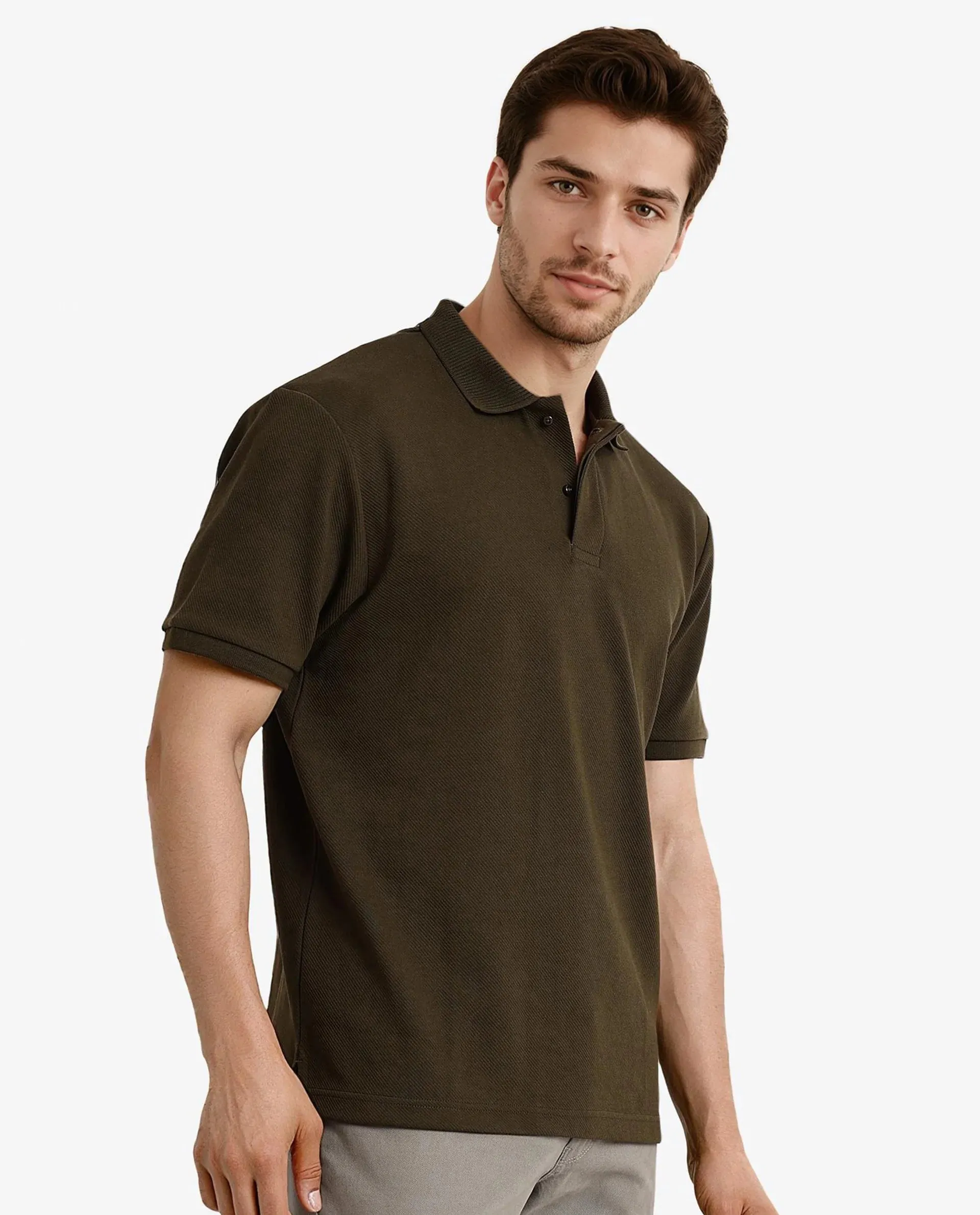 Rare Rabbit Men Spec Olive Cotton Polyester Fabric Short Sleeve Calvary Twill Textured Oversized Polo