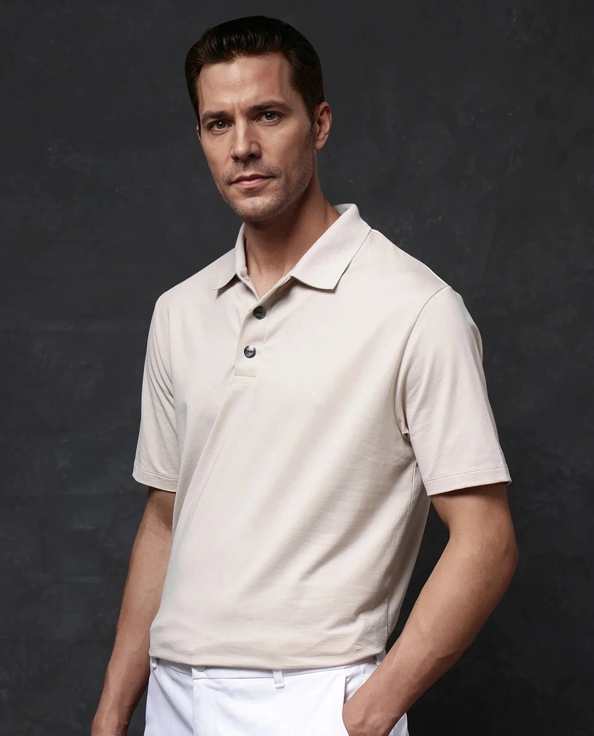 Rare Rabbit Men Tang-1 Beige Short Sleeve Regular Collar Button Closure Regular Fit Plain Polo T-Shirt