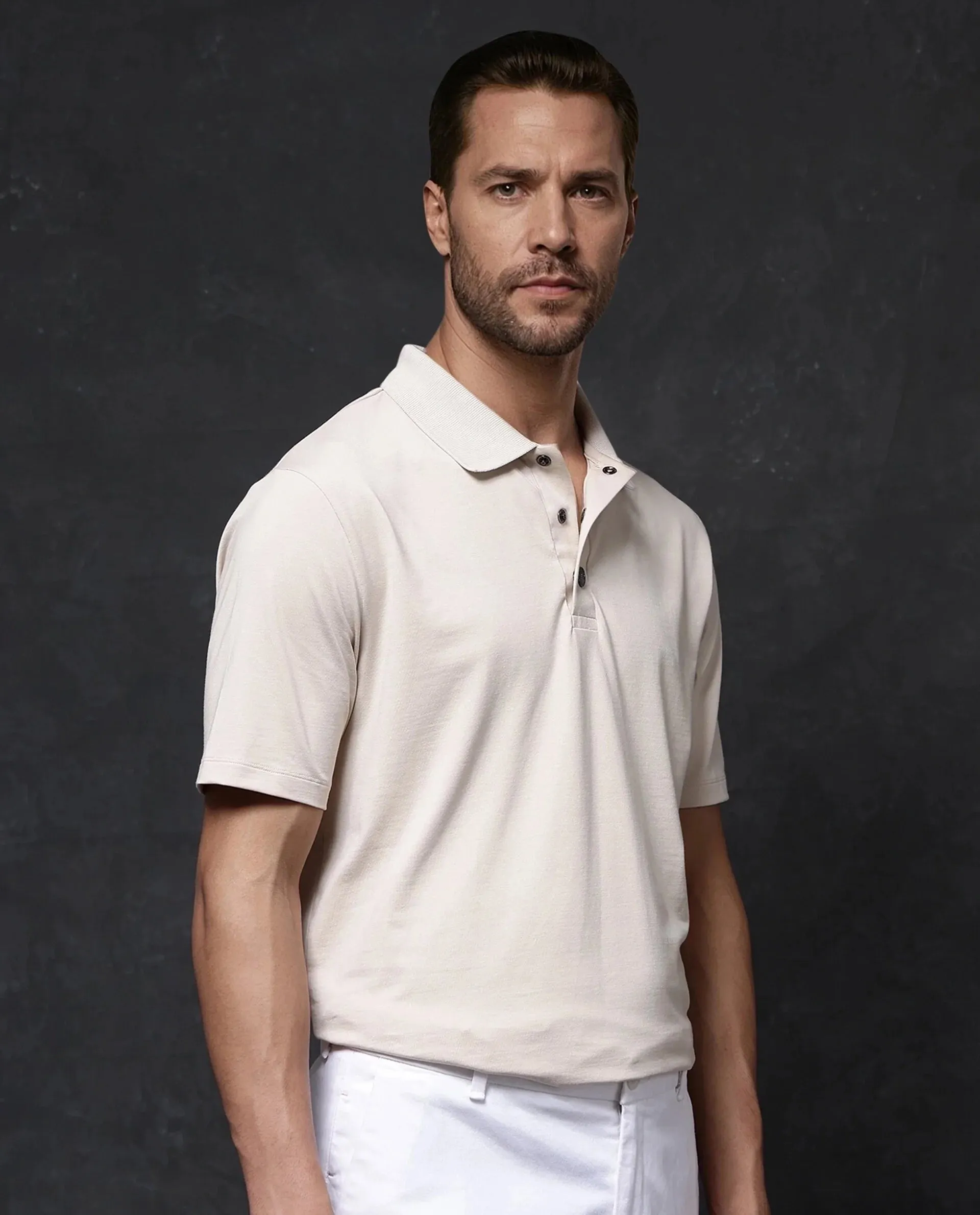 Rare Rabbit Men Tang-1 Beige Short Sleeve Regular Collar Button Closure Regular Fit Plain Polo T-Shirt