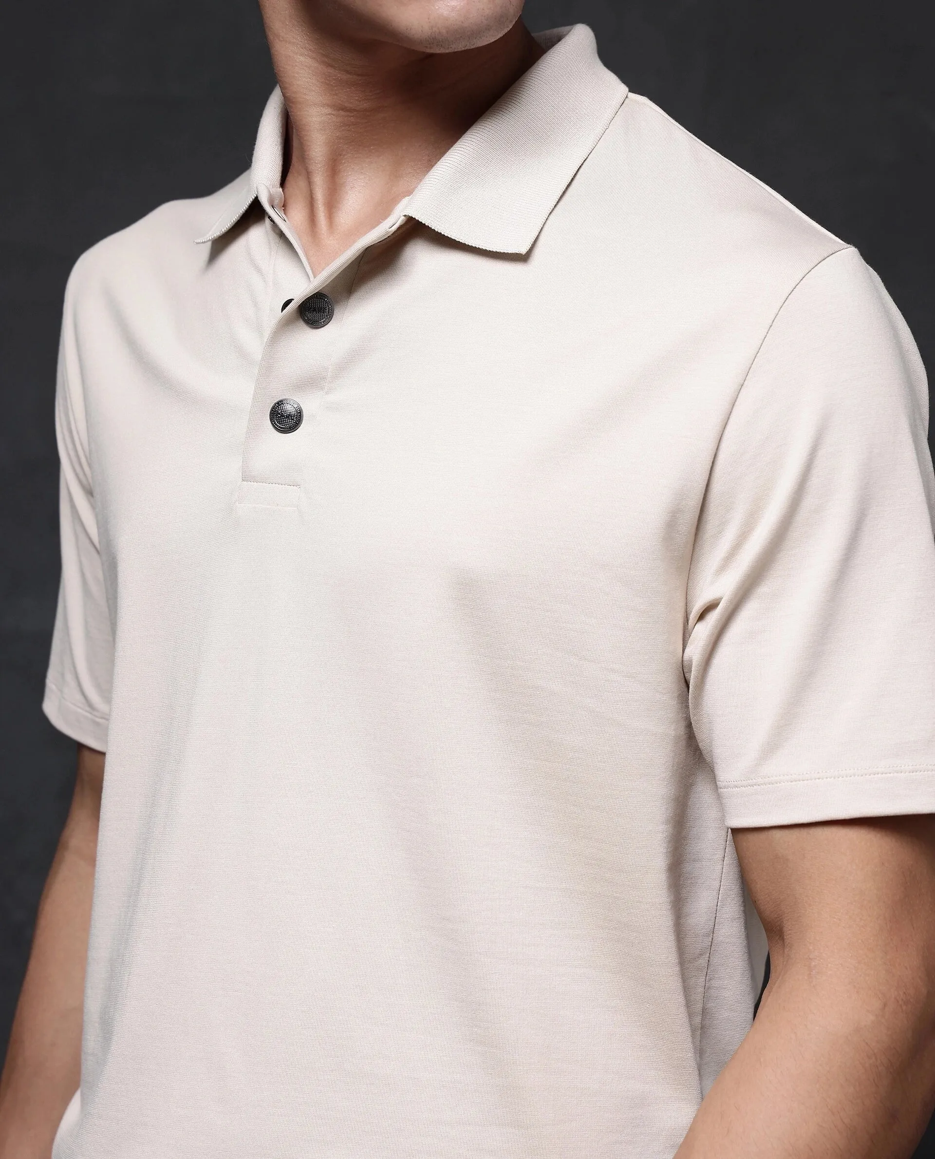 Rare Rabbit Men Tang-1 Beige Short Sleeve Regular Collar Button Closure Regular Fit Plain Polo T-Shirt