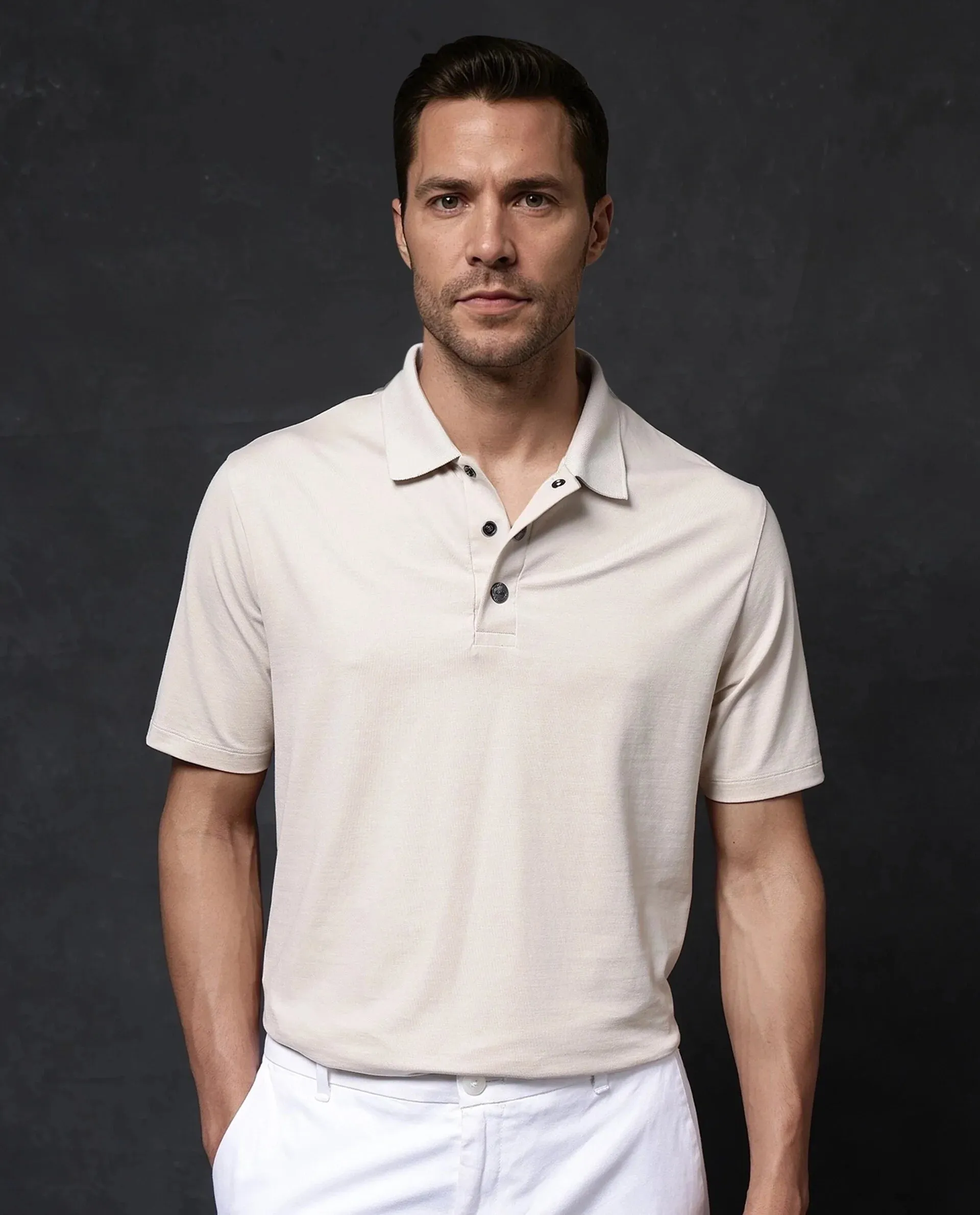 Rare Rabbit Men Tang-1 Beige Short Sleeve Regular Collar Button Closure Regular Fit Plain Polo T-Shirt