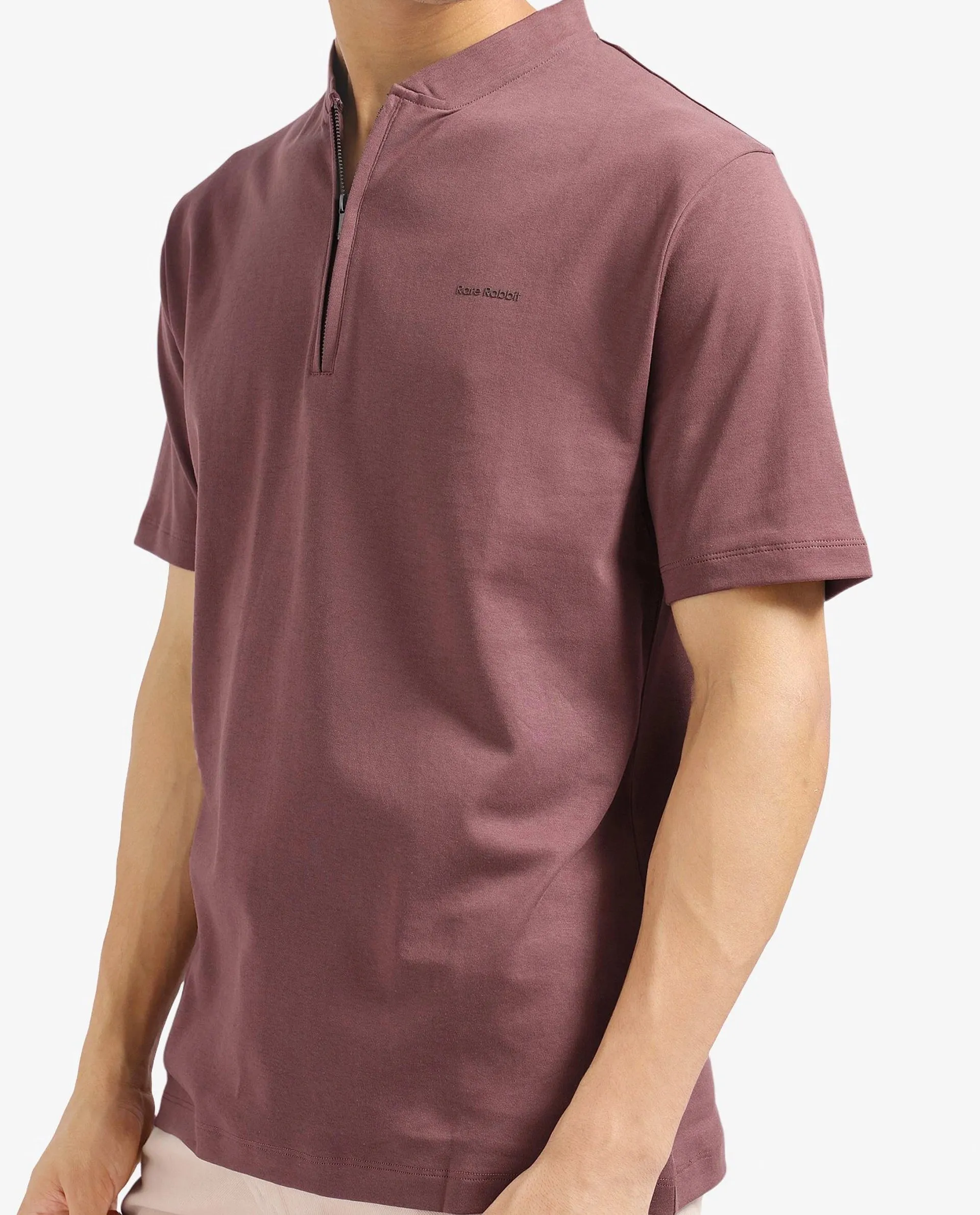 Rare Rabbit Men Veno Brown Cotton Blend Fabric Short Sleeve Mandarin Collar Plain Polo