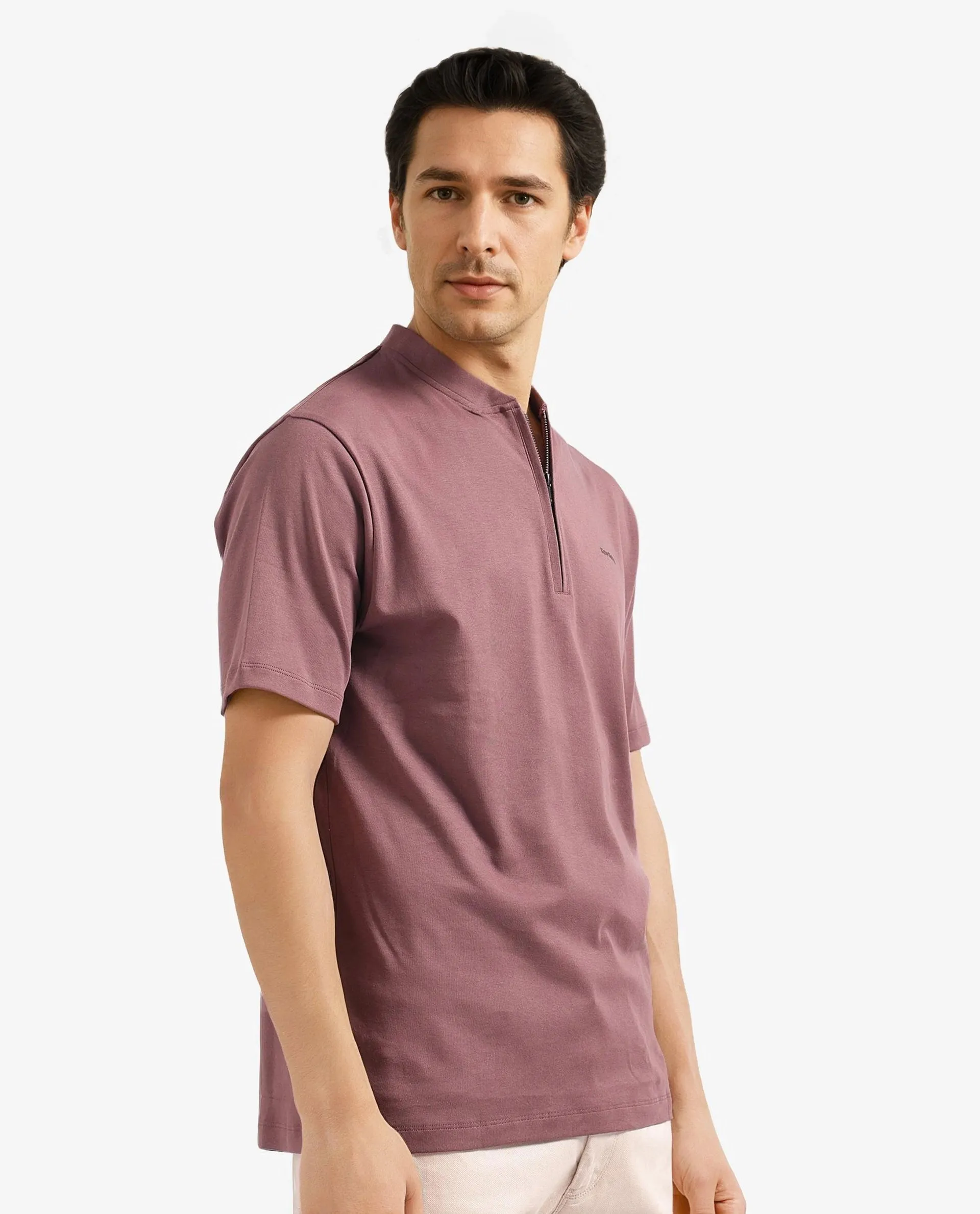 Rare Rabbit Men Veno Brown Cotton Blend Fabric Short Sleeve Mandarin Collar Plain Polo