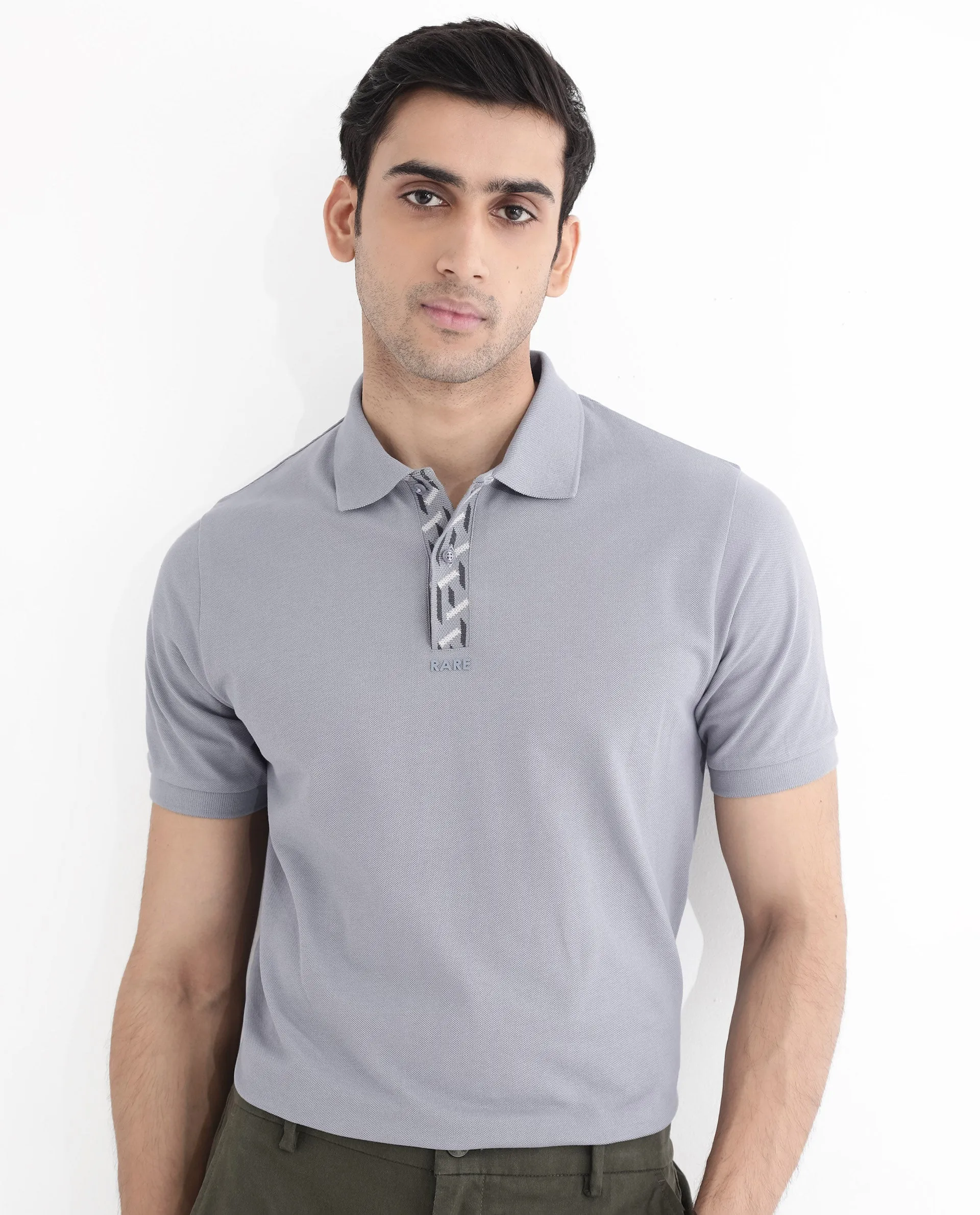 Rare Rabbit Men's Ark Grey Cotton Fabric Short Sleeve Button Closure Regular Fit Plain Polo T-Shirt