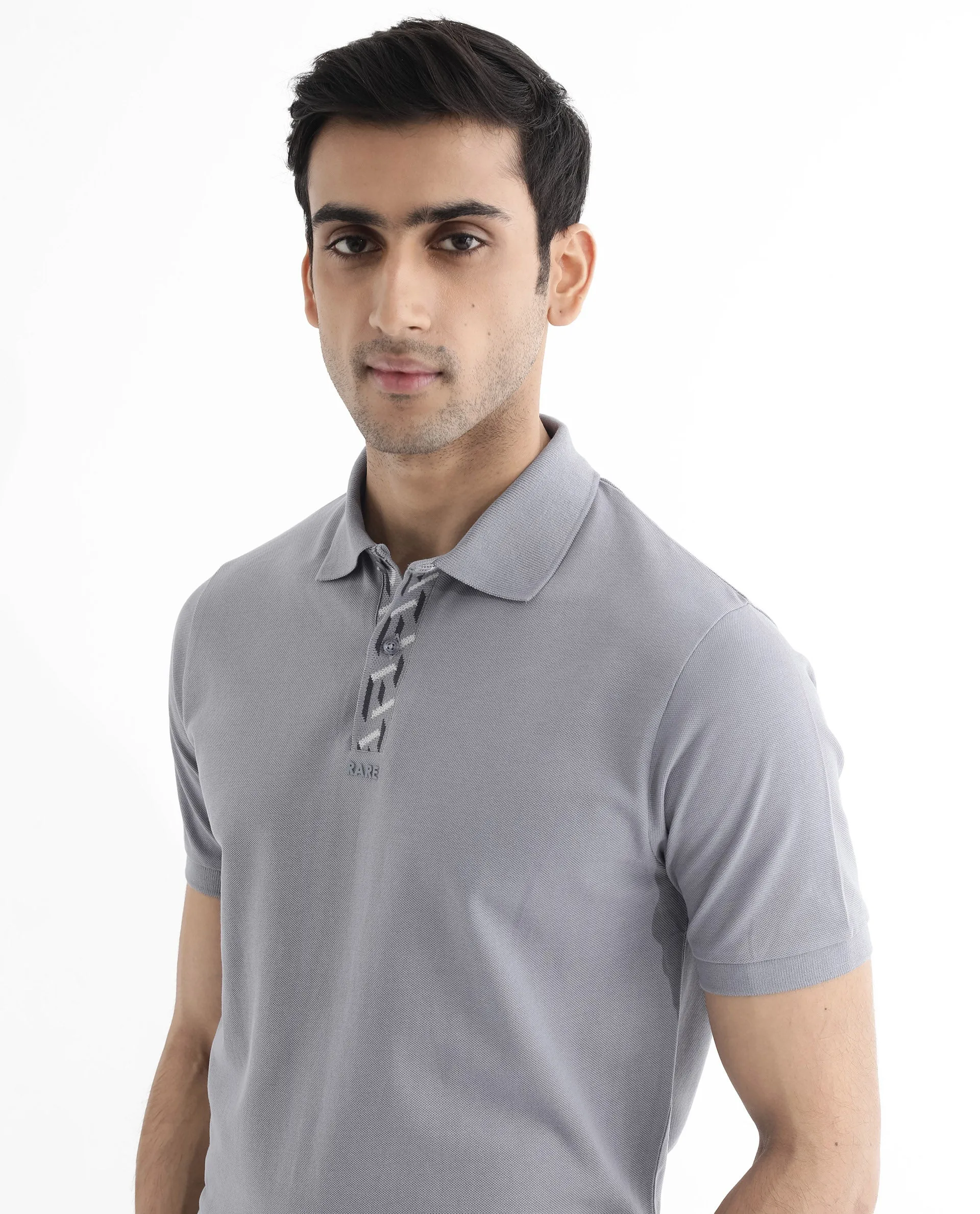 Rare Rabbit Men's Ark Grey Cotton Fabric Short Sleeve Button Closure Regular Fit Plain Polo T-Shirt