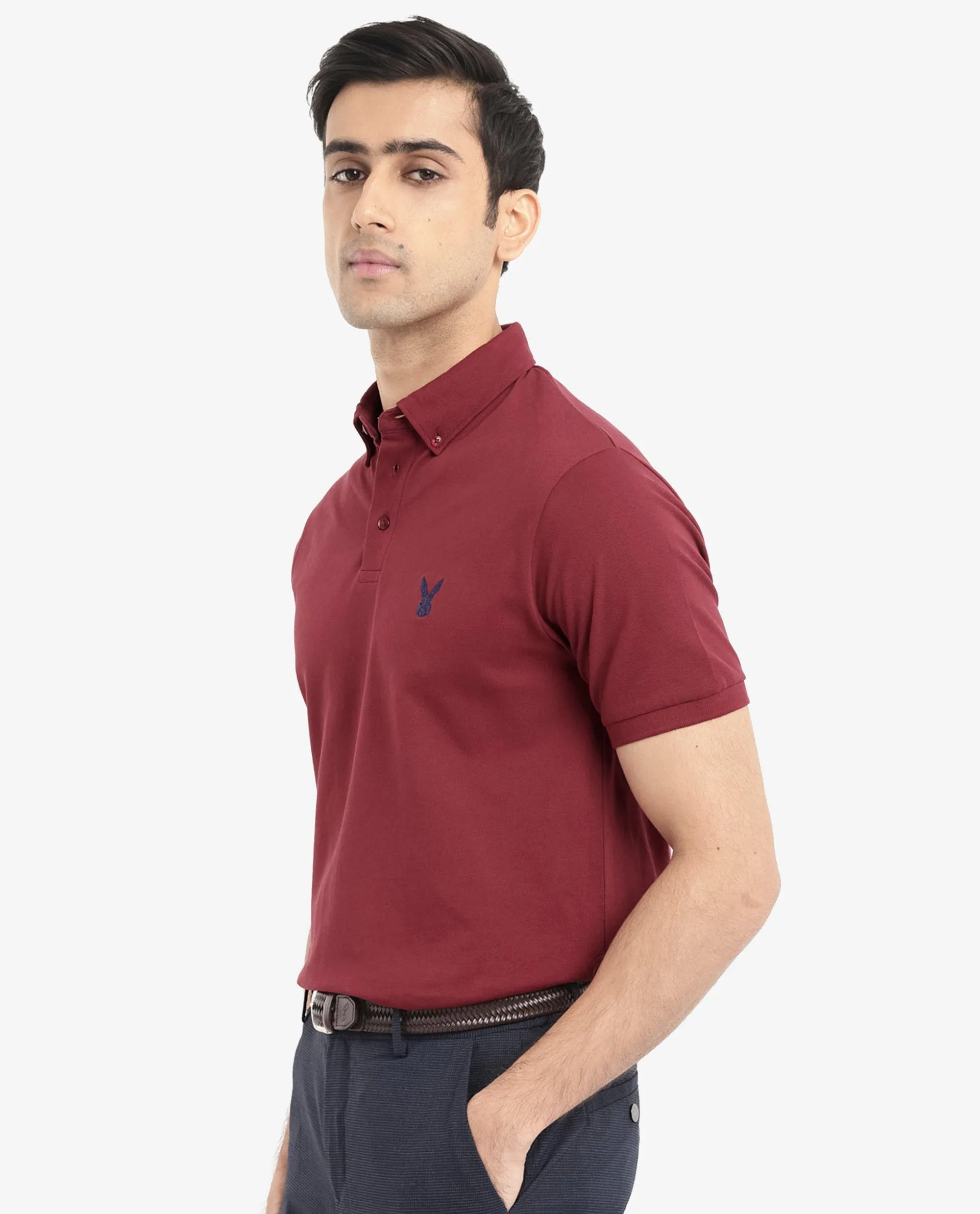 Rare Rabbit Men's Face Red Cotton Fabric Short Sleeves Button Down Collar Embroidered Logo Regular Fit Plain Polo T-Shirt