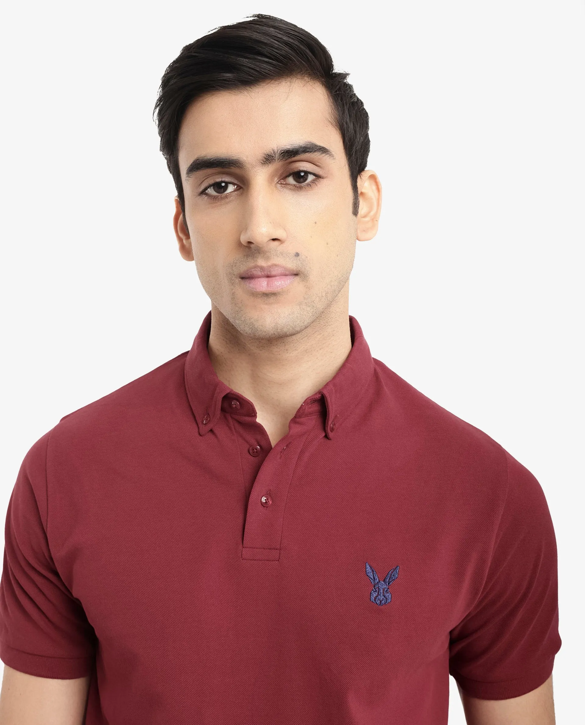 Rare Rabbit Men's Face Red Cotton Fabric Short Sleeves Button Down Collar Embroidered Logo Regular Fit Plain Polo T-Shirt