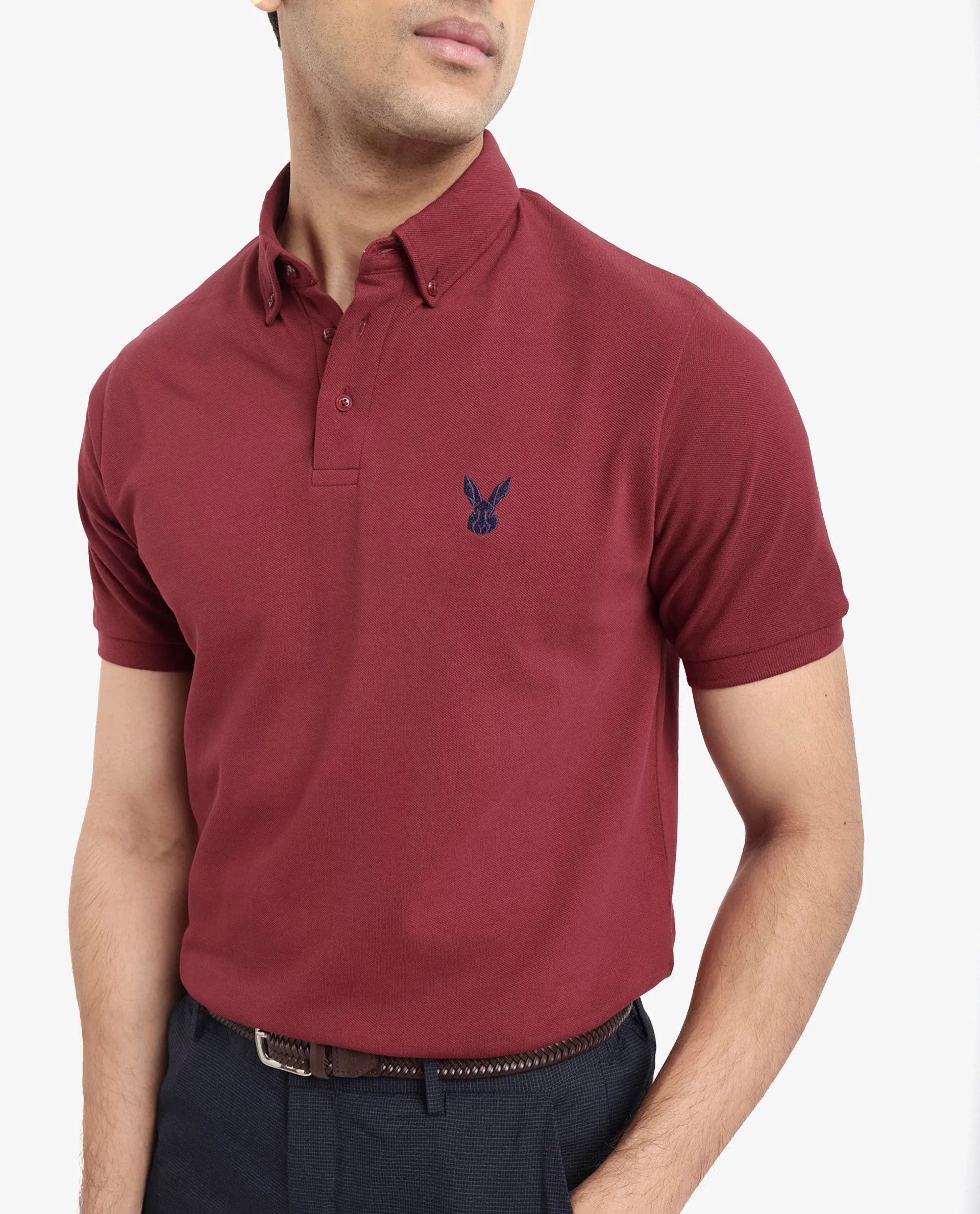 Rare Rabbit Men's Face Red Cotton Fabric Short Sleeves Button Down Collar Embroidered Logo Regular Fit Plain Polo T-Shirt