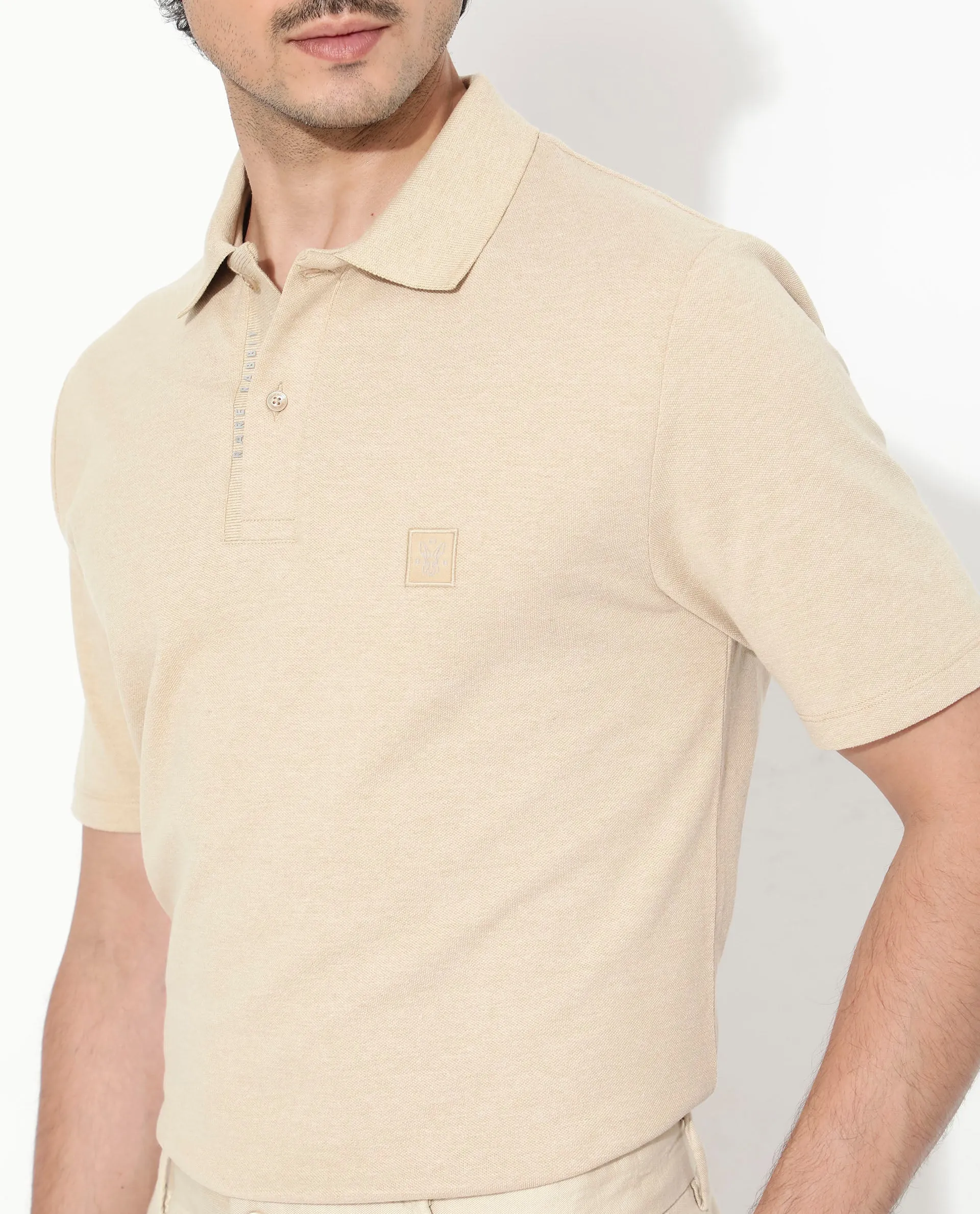 Rare Rabbit Men's Gamor Beige Cotton Poly Fabric Short Sleeves Collared Neck Solid Color Knit Polo T-Shirt