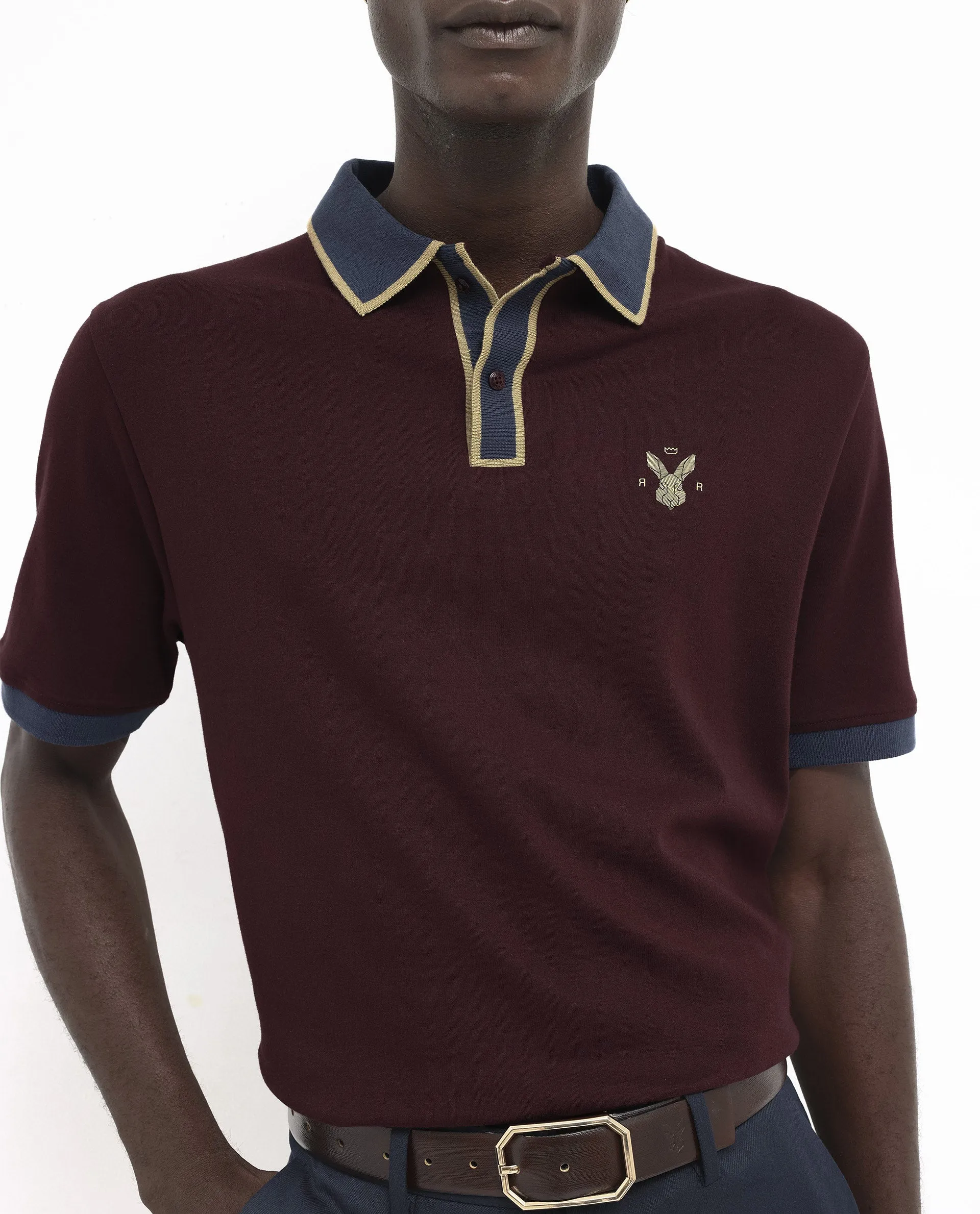 Rare Rabbit Men's Lark Dark Maroon Contrasting Collar And Half Sleeves Regular Fit Plain Knitted Polo T-Shirt