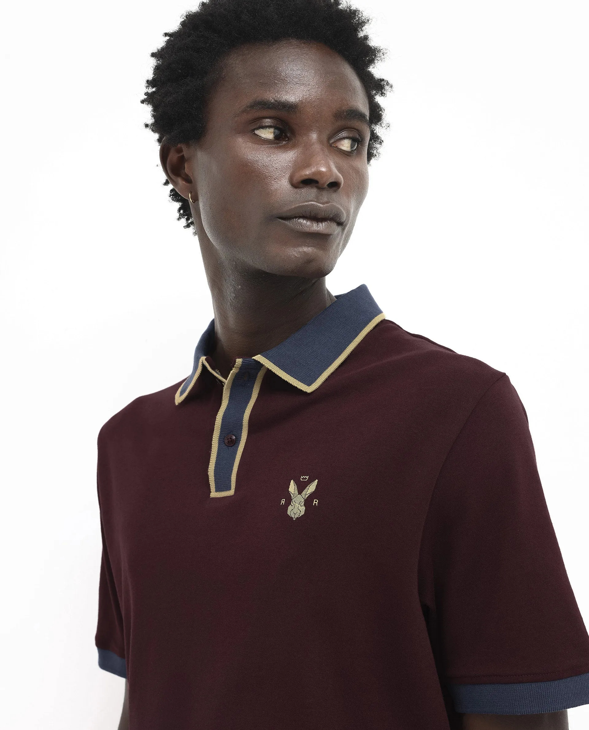 Rare Rabbit Men's Lark Dark Maroon Contrasting Collar And Half Sleeves Regular Fit Plain Knitted Polo T-Shirt