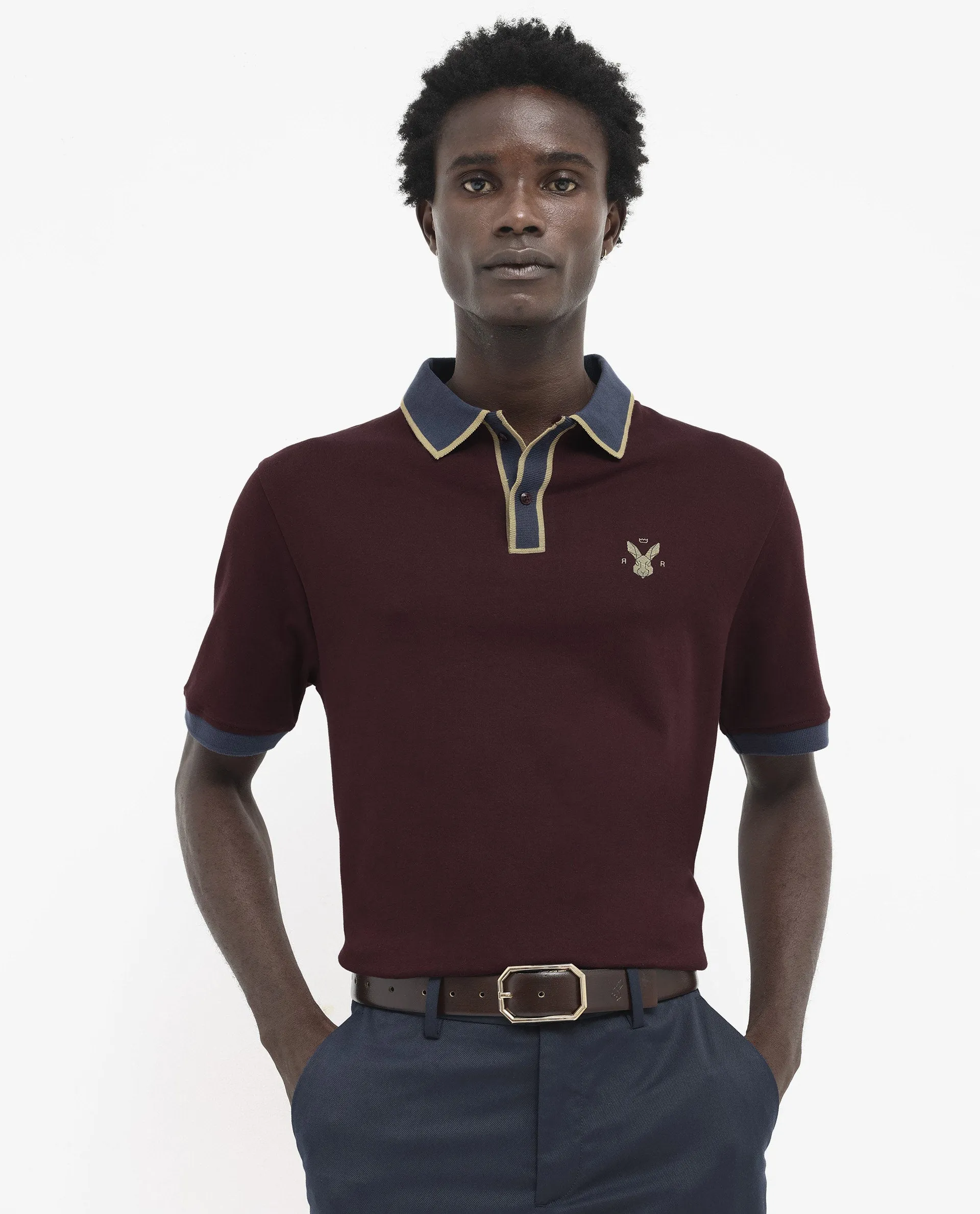 Rare Rabbit Men's Lark Dark Maroon Contrasting Collar And Half Sleeves Regular Fit Plain Knitted Polo T-Shirt