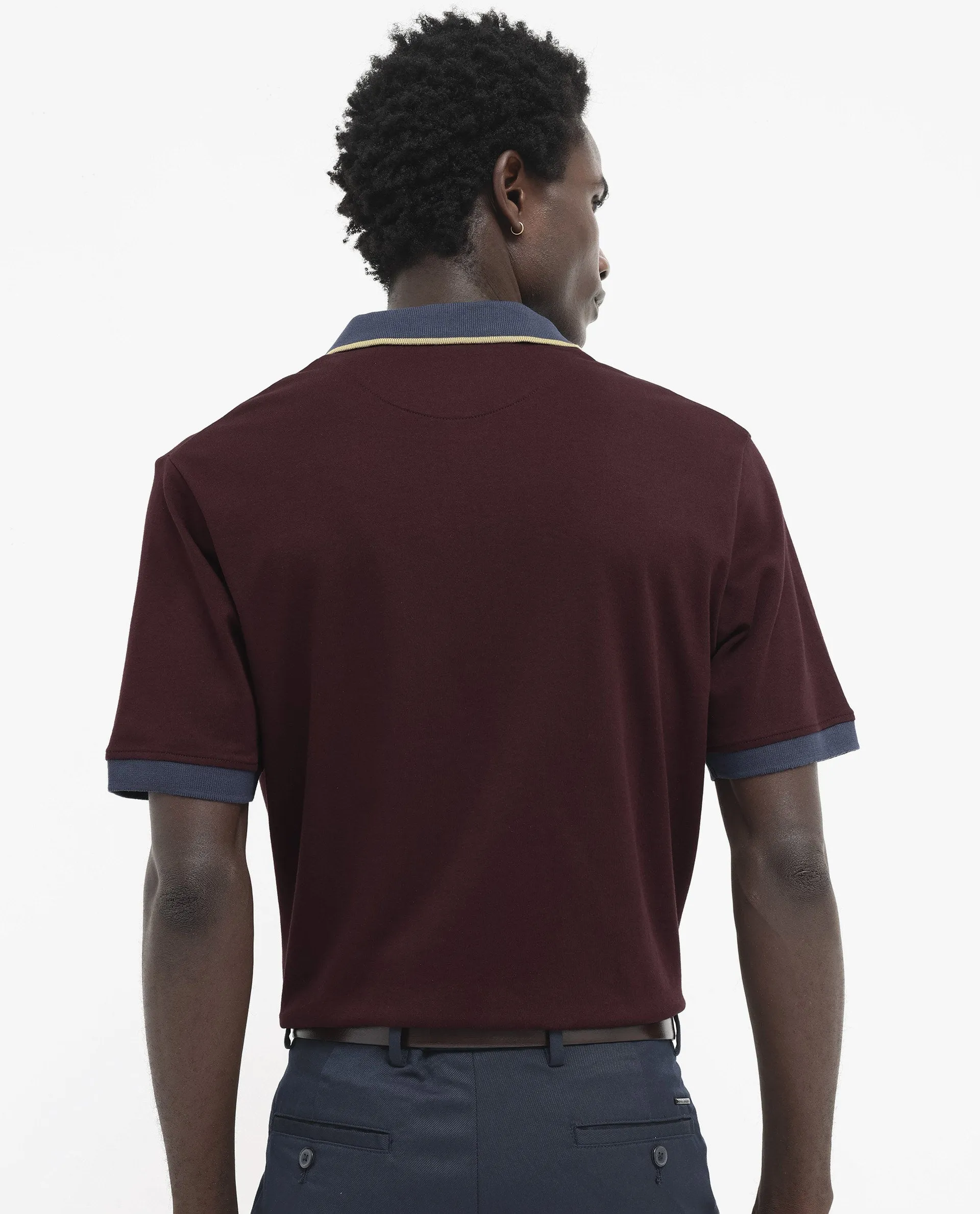 Rare Rabbit Men's Lark Dark Maroon Contrasting Collar And Half Sleeves Regular Fit Plain Knitted Polo T-Shirt