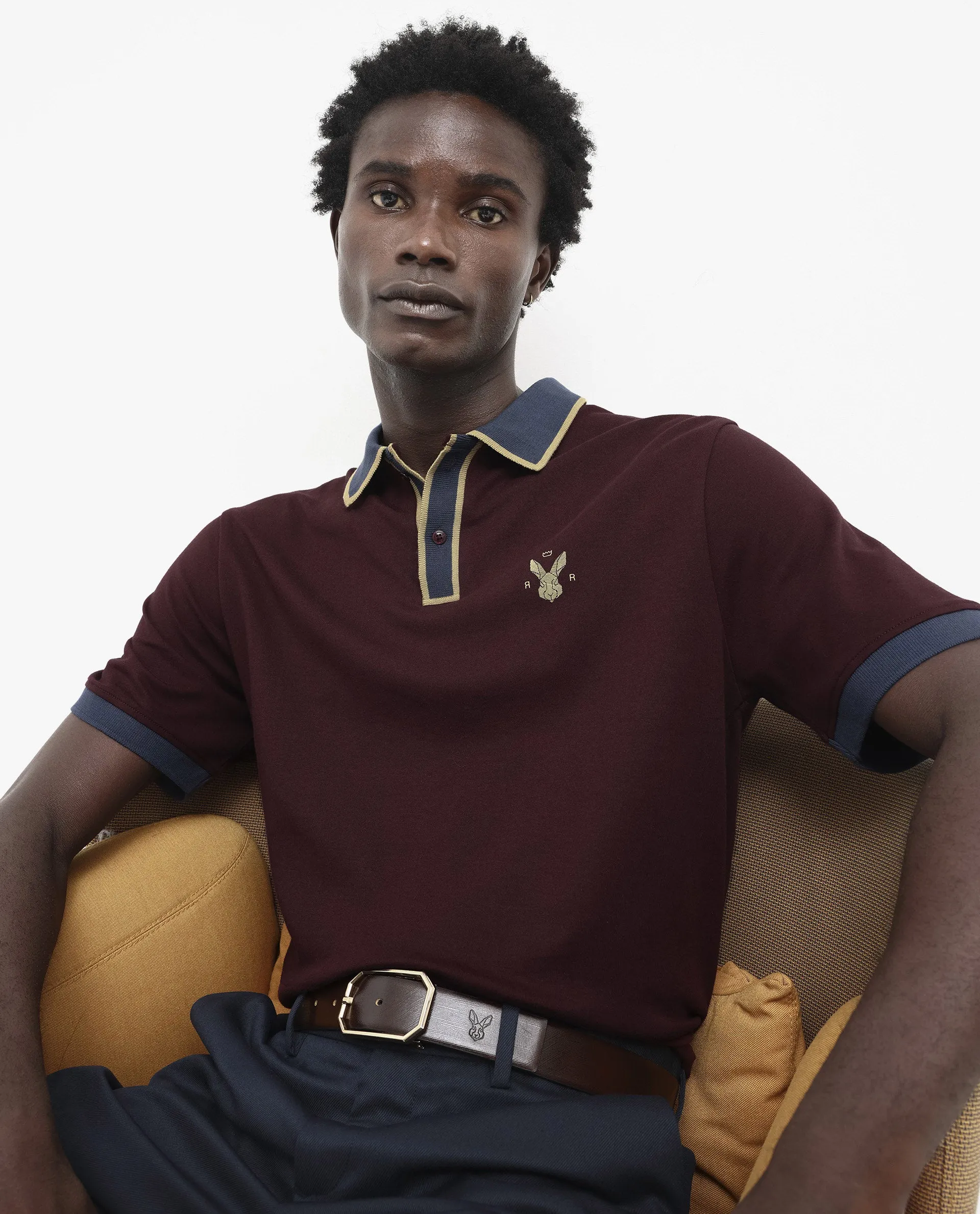 Rare Rabbit Men's Lark Dark Maroon Contrasting Collar And Half Sleeves Regular Fit Plain Knitted Polo T-Shirt