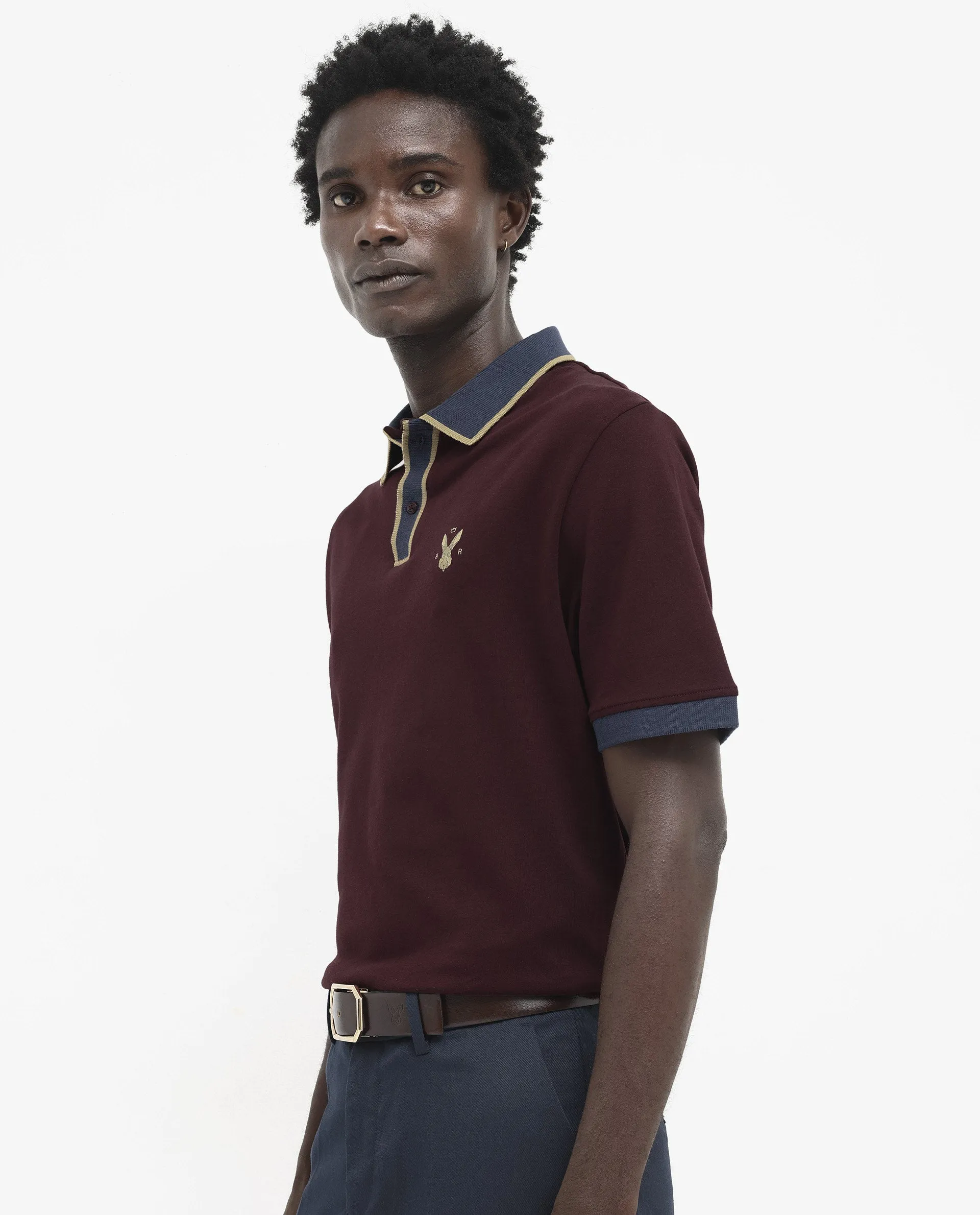 Rare Rabbit Men's Lark Dark Maroon Contrasting Collar And Half Sleeves Regular Fit Plain Knitted Polo T-Shirt