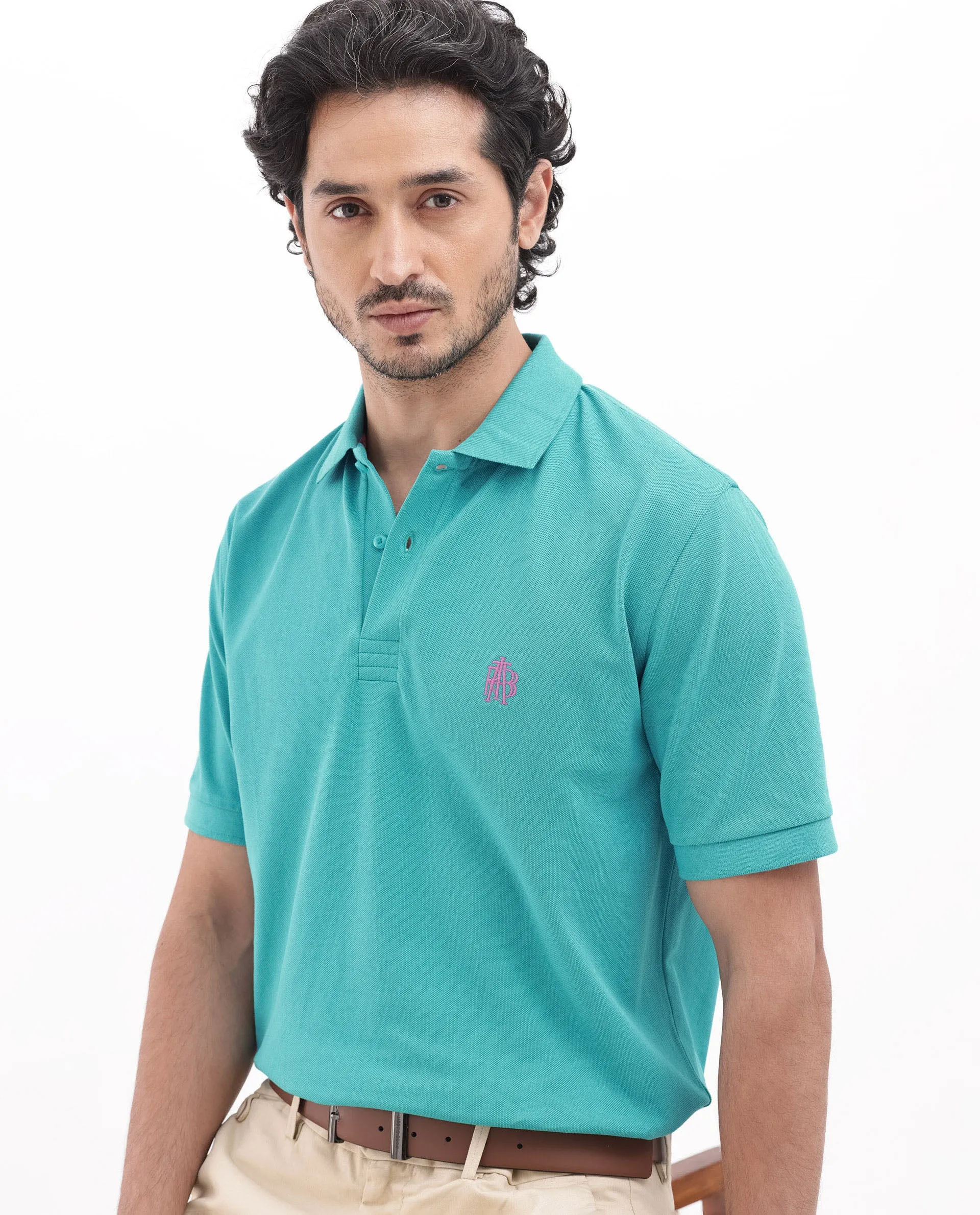 Rare Rabbit Mens Paret-Bright Aqua Short Sleeve Embroidered Logo Solid Polo T-Shirt