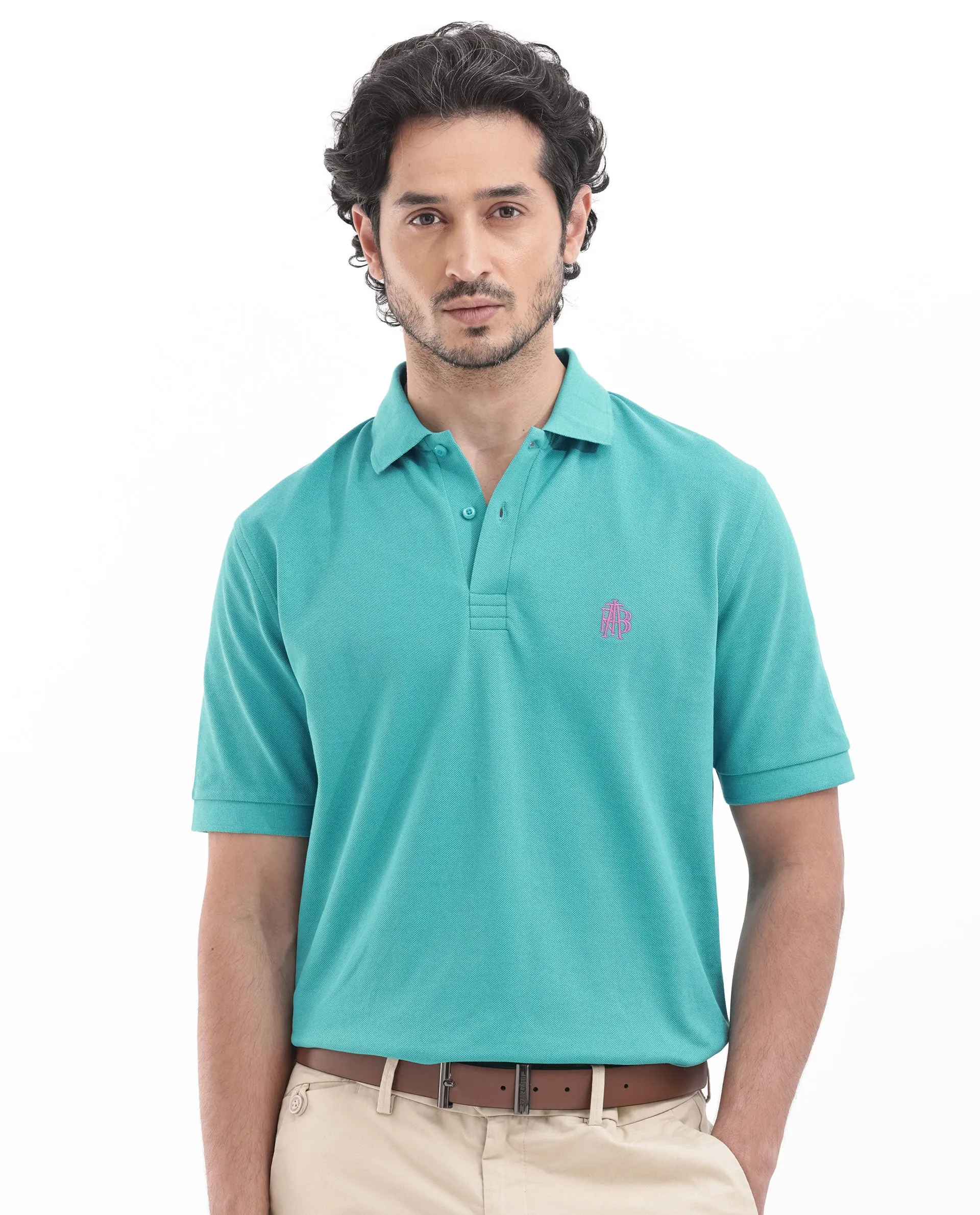 Rare Rabbit Mens Paret-Bright Aqua Short Sleeve Embroidered Logo Solid Polo T-Shirt