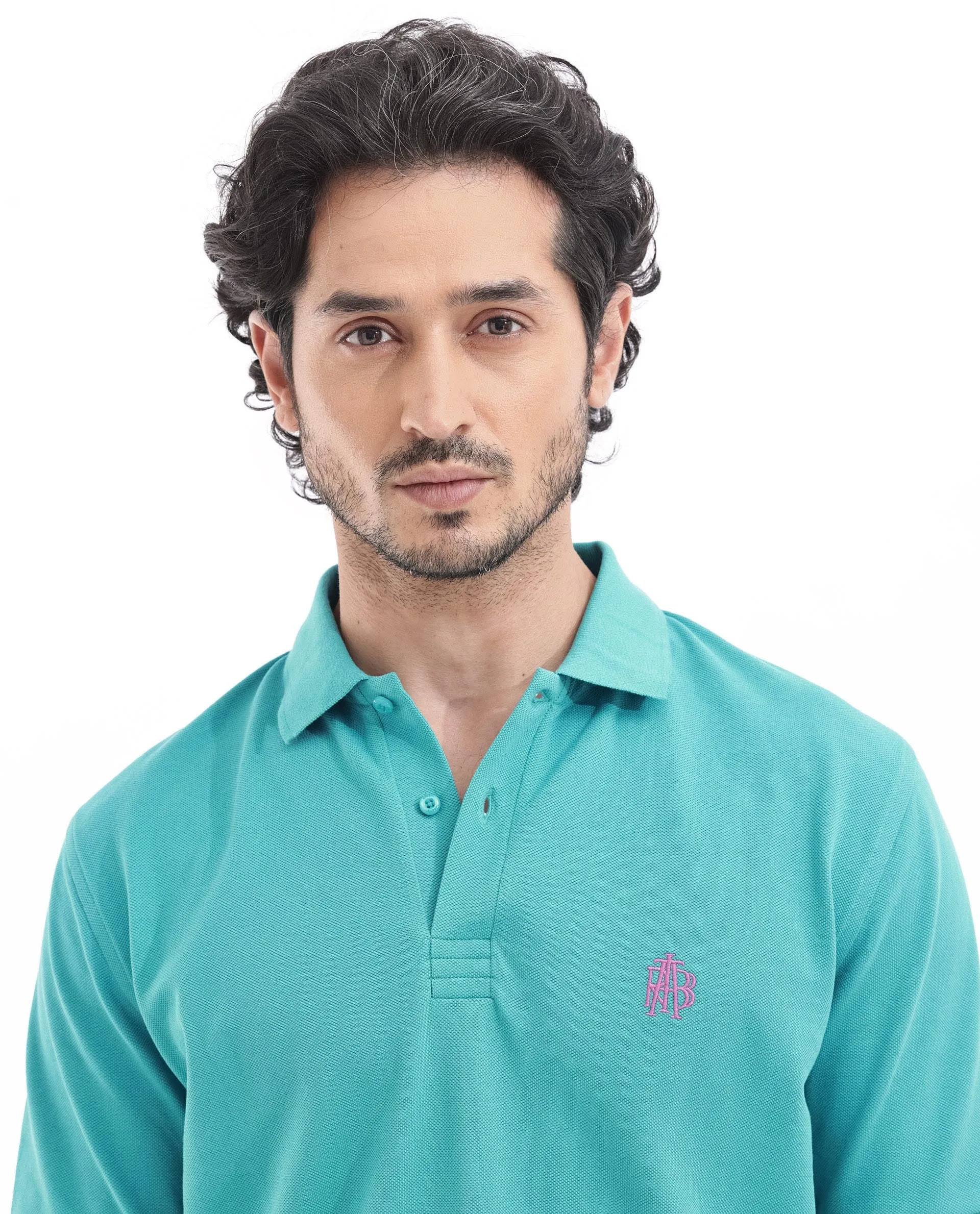 Rare Rabbit Mens Paret-Bright Aqua Short Sleeve Embroidered Logo Solid Polo T-Shirt