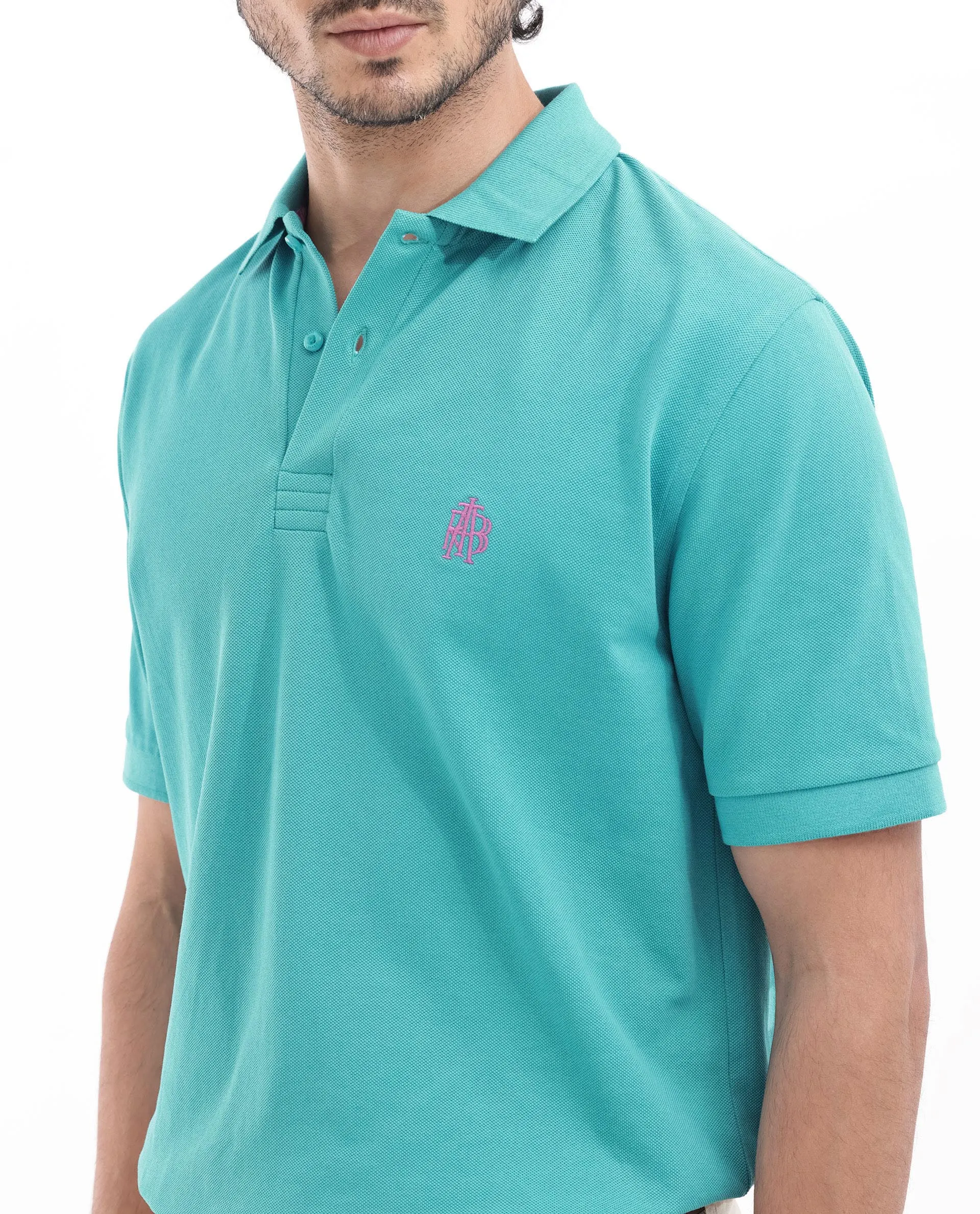 Rare Rabbit Mens Paret-Bright Aqua Short Sleeve Embroidered Logo Solid Polo T-Shirt