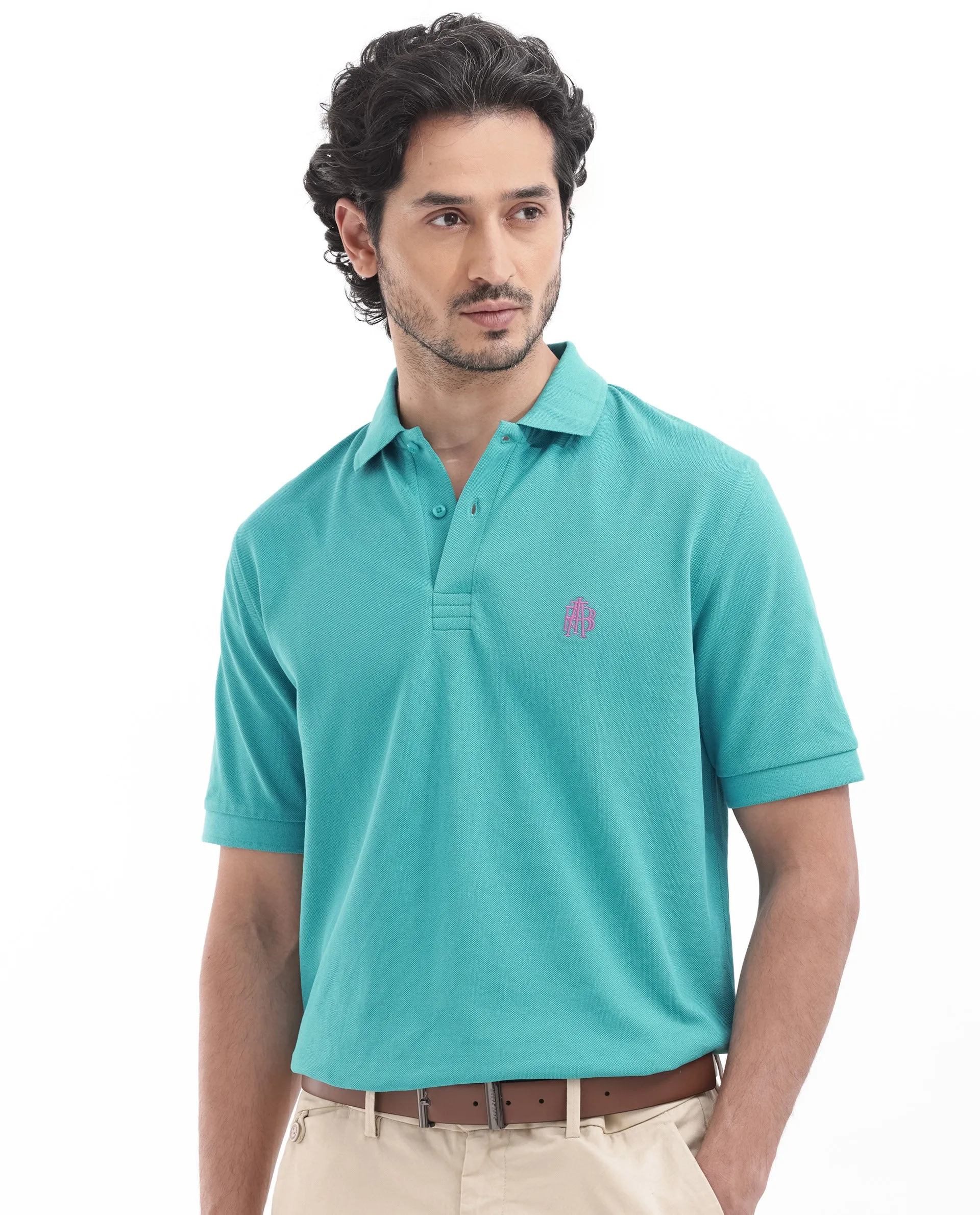 Rare Rabbit Mens Paret-Bright Aqua Short Sleeve Embroidered Logo Solid Polo T-Shirt