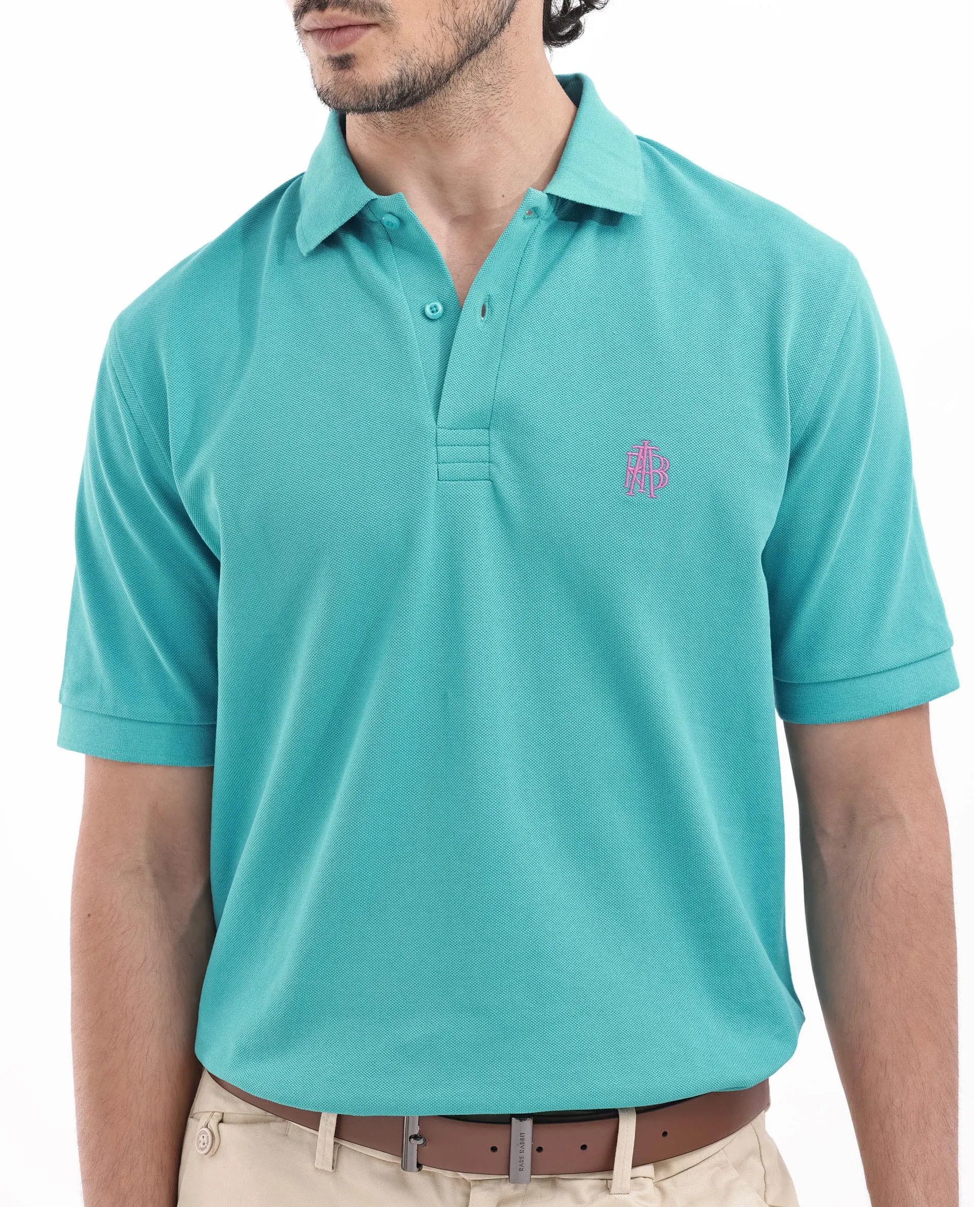 Rare Rabbit Mens Paret-Bright Aqua Short Sleeve Embroidered Logo Solid Polo T-Shirt