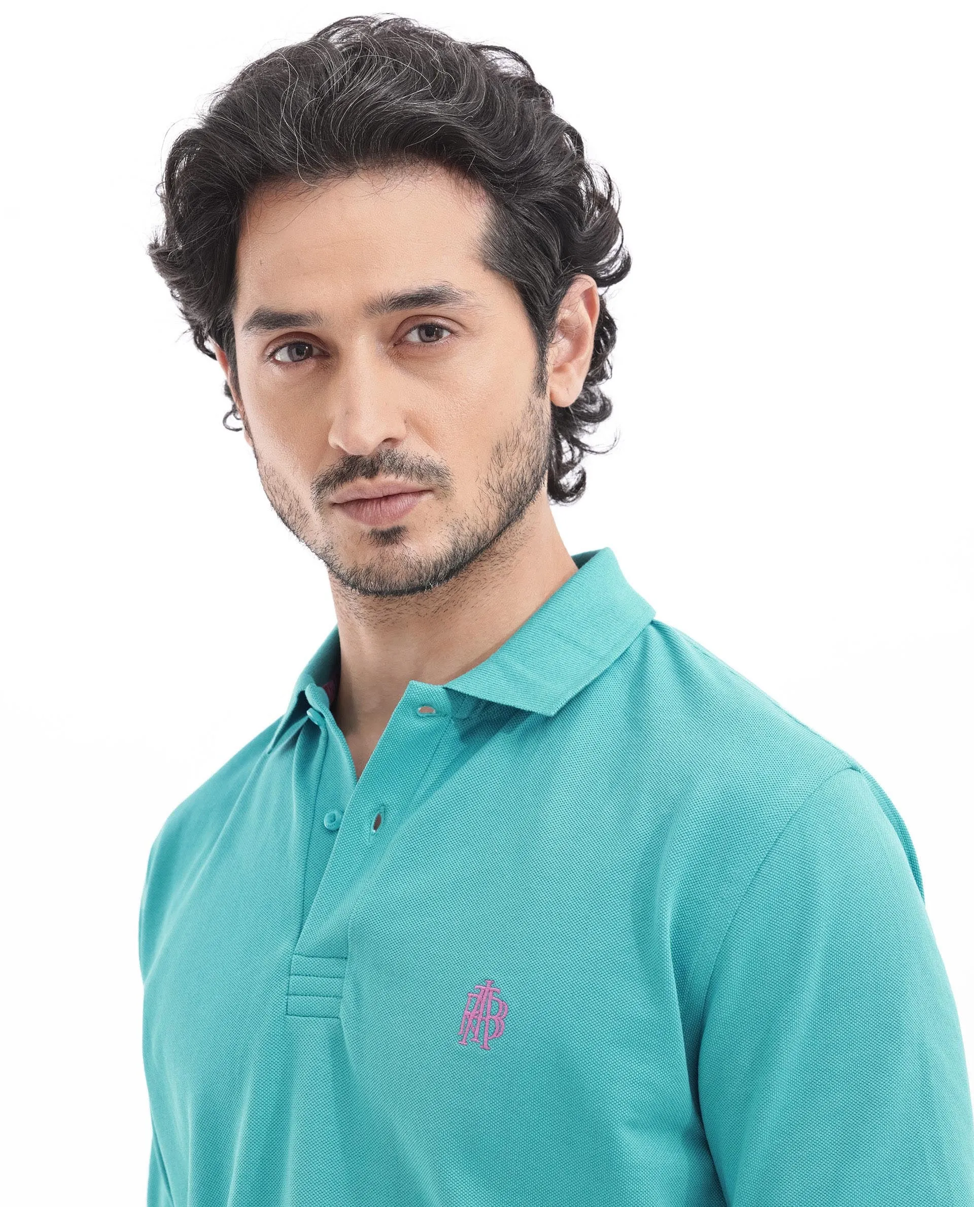 Rare Rabbit Mens Paret-Bright Aqua Short Sleeve Embroidered Logo Solid Polo T-Shirt