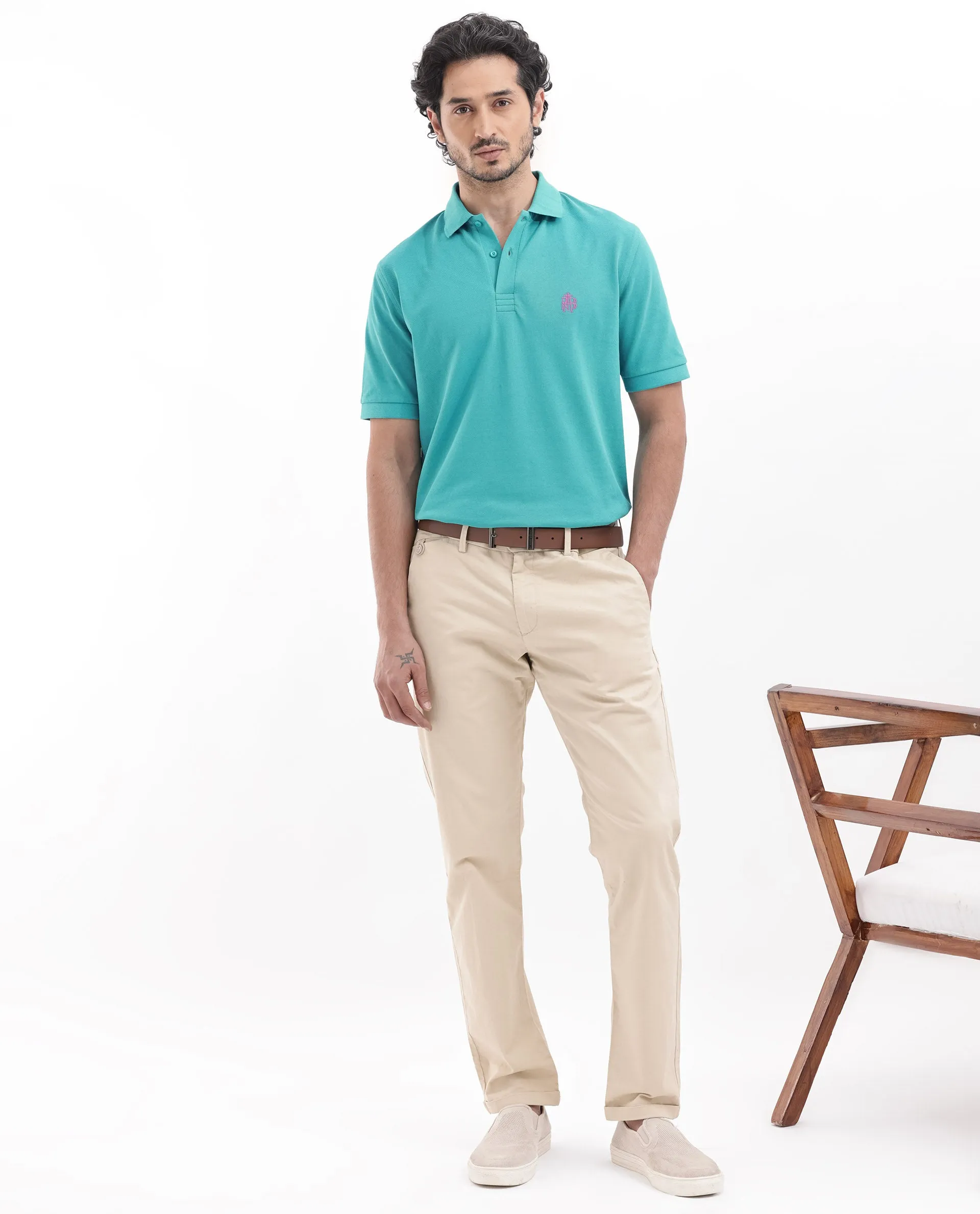 Rare Rabbit Mens Paret-Bright Aqua Short Sleeve Embroidered Logo Solid Polo T-Shirt