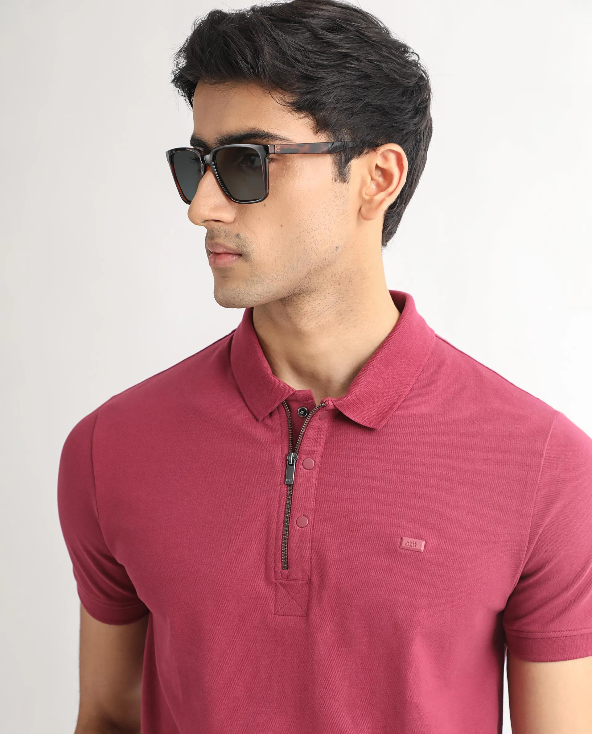 Rare Rabbit Men's Saliso Pink Cotton Fabric Collared Neck Zipper and Snap Button Closure Half Sleeve Polo T-Shirt