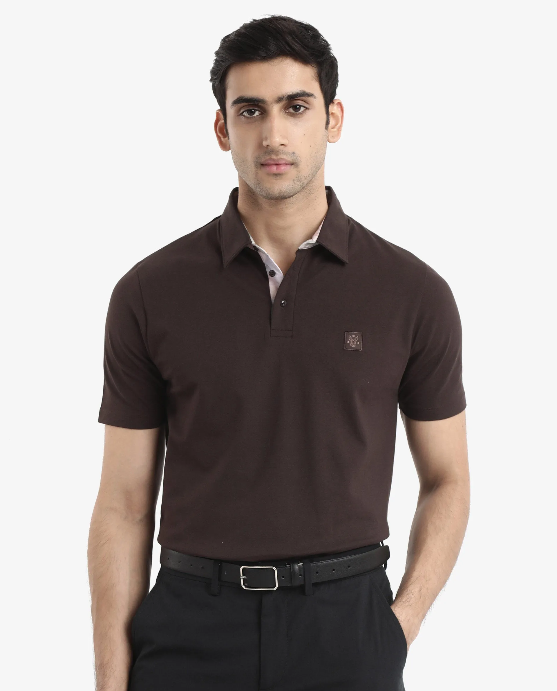 Rare Rabbit Men's Spencer Dark Brown Short Sleeve Button Closure Regular Fit Solid Polo T-Shirt