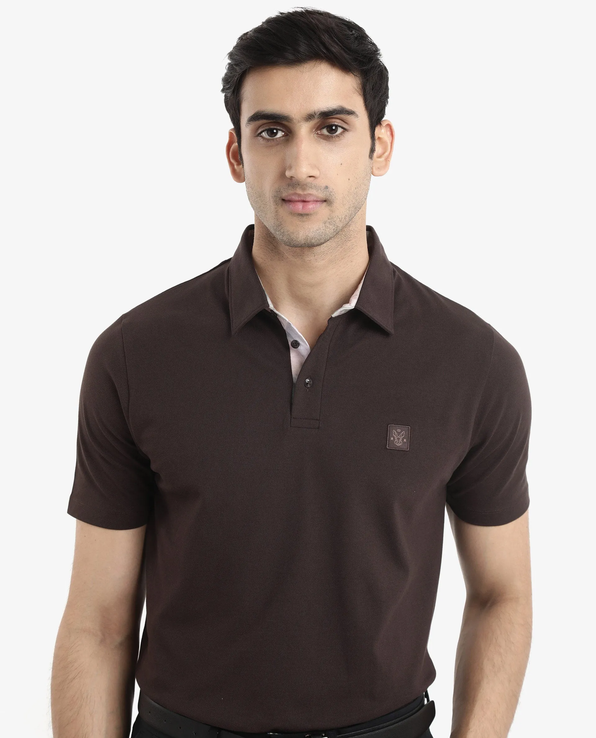 Rare Rabbit Men's Spencer Dark Brown Short Sleeve Button Closure Regular Fit Solid Polo T-Shirt