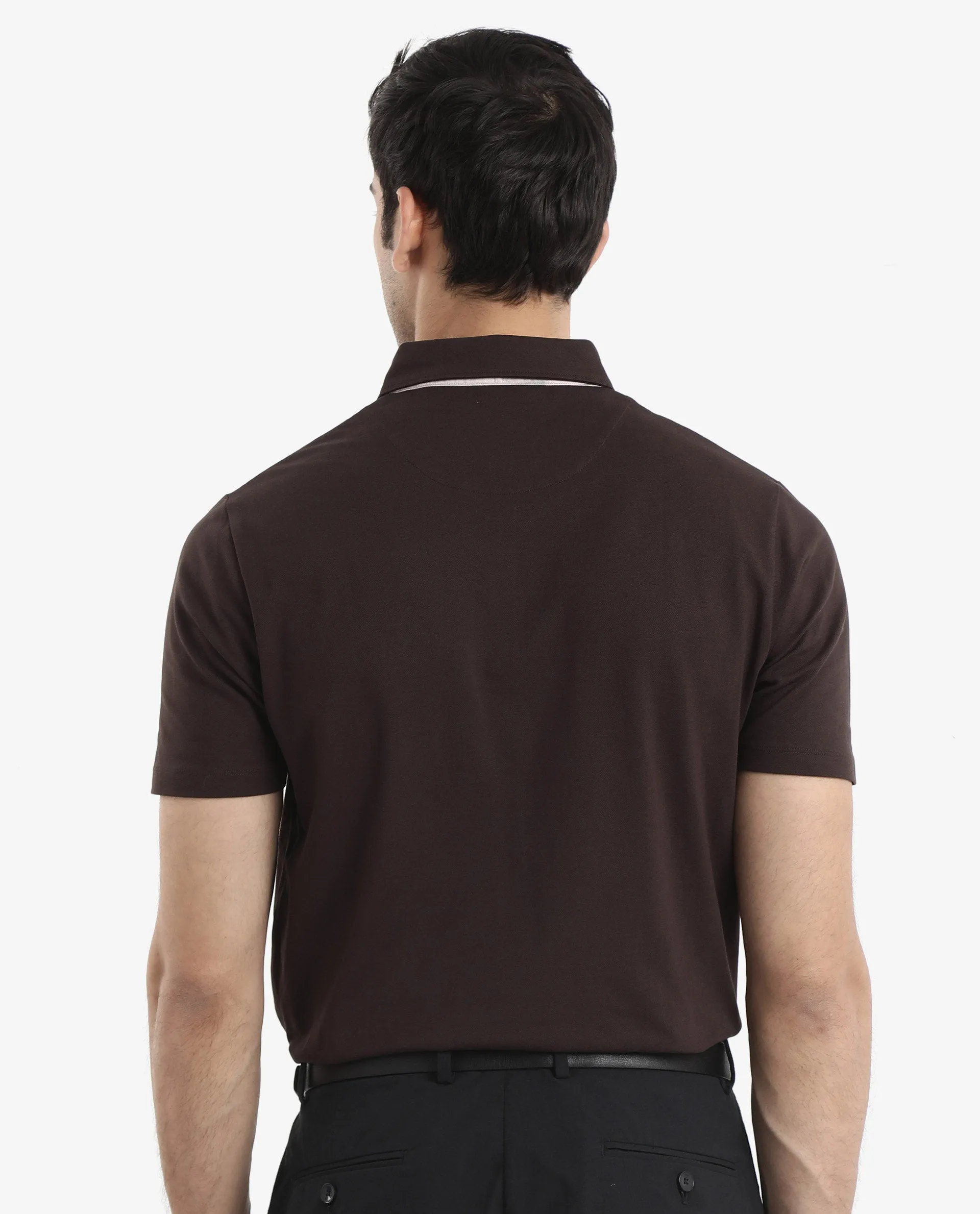 Rare Rabbit Men's Spencer Dark Brown Short Sleeve Button Closure Regular Fit Solid Polo T-Shirt