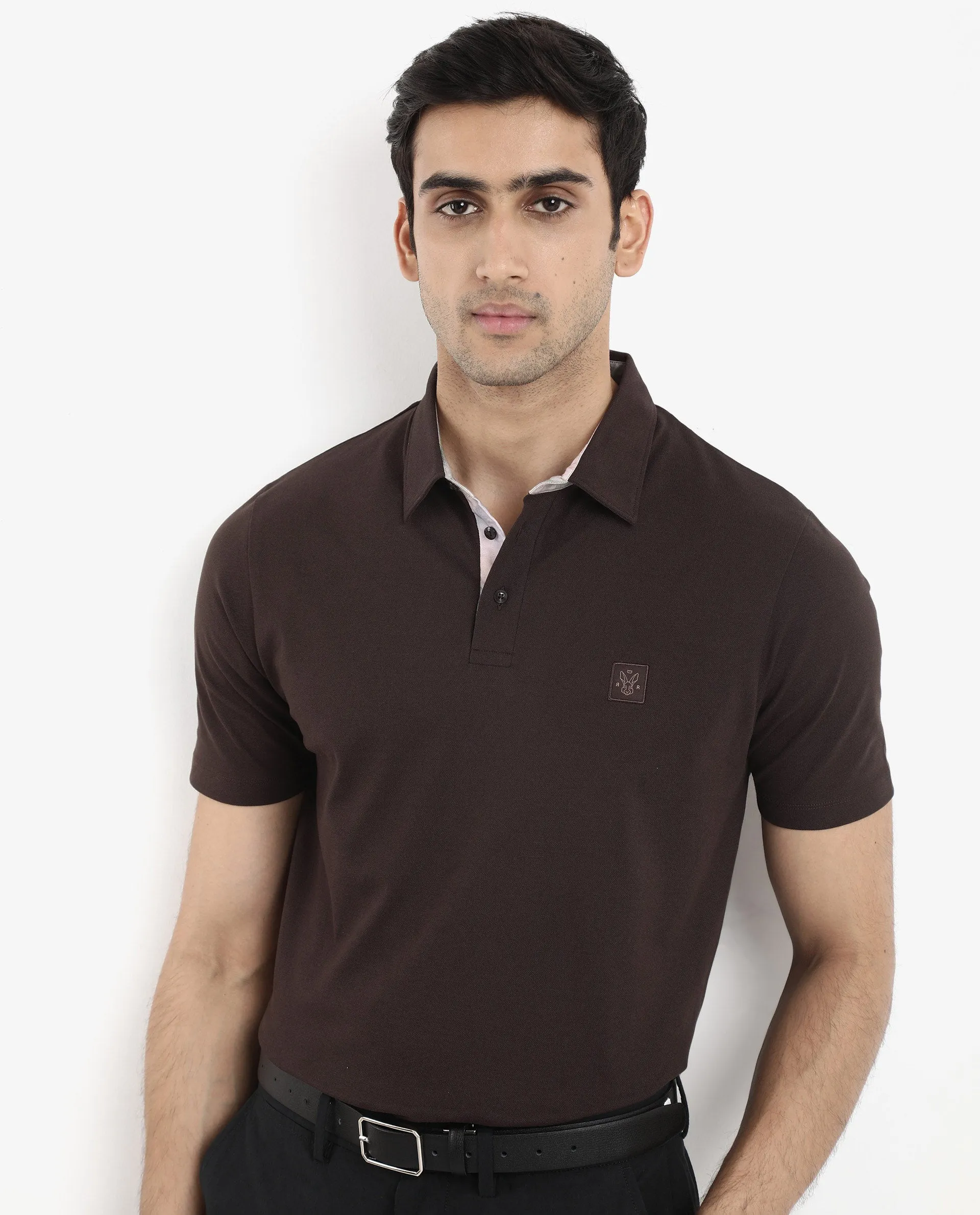 Rare Rabbit Men's Spencer Dark Brown Short Sleeve Button Closure Regular Fit Solid Polo T-Shirt