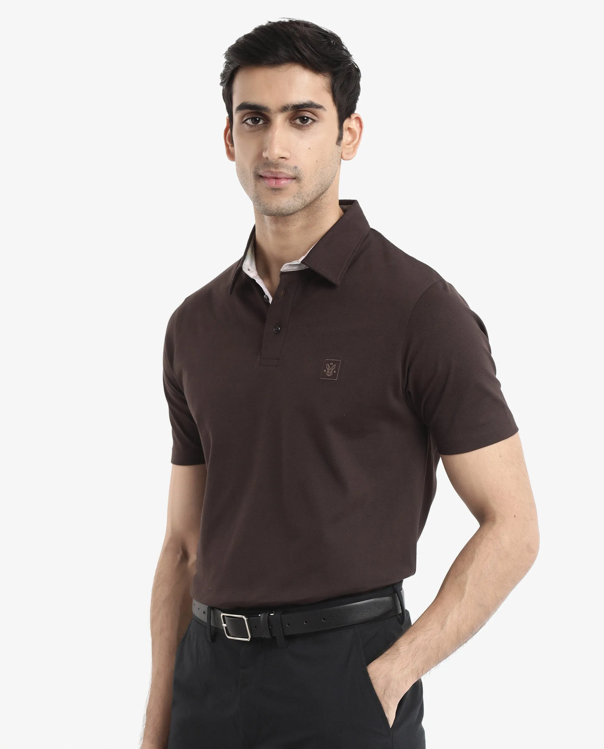 Rare Rabbit Men's Spencer Dark Brown Short Sleeve Button Closure Regular Fit Solid Polo T-Shirt