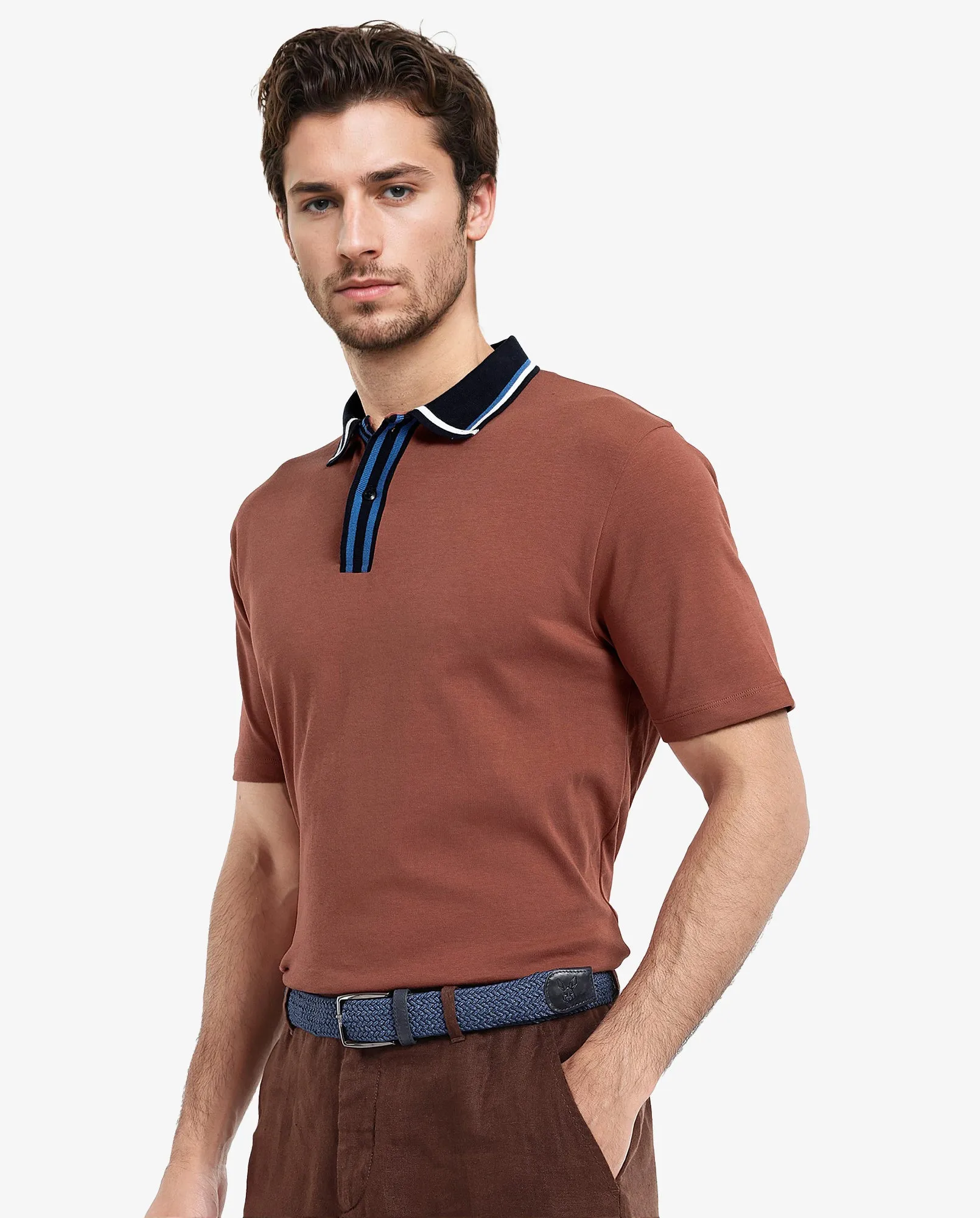 Rare Rabbit Men's Territ Light Rust Short Sleeve Collared Neck Regular Fit Plain Polo T-Shirt