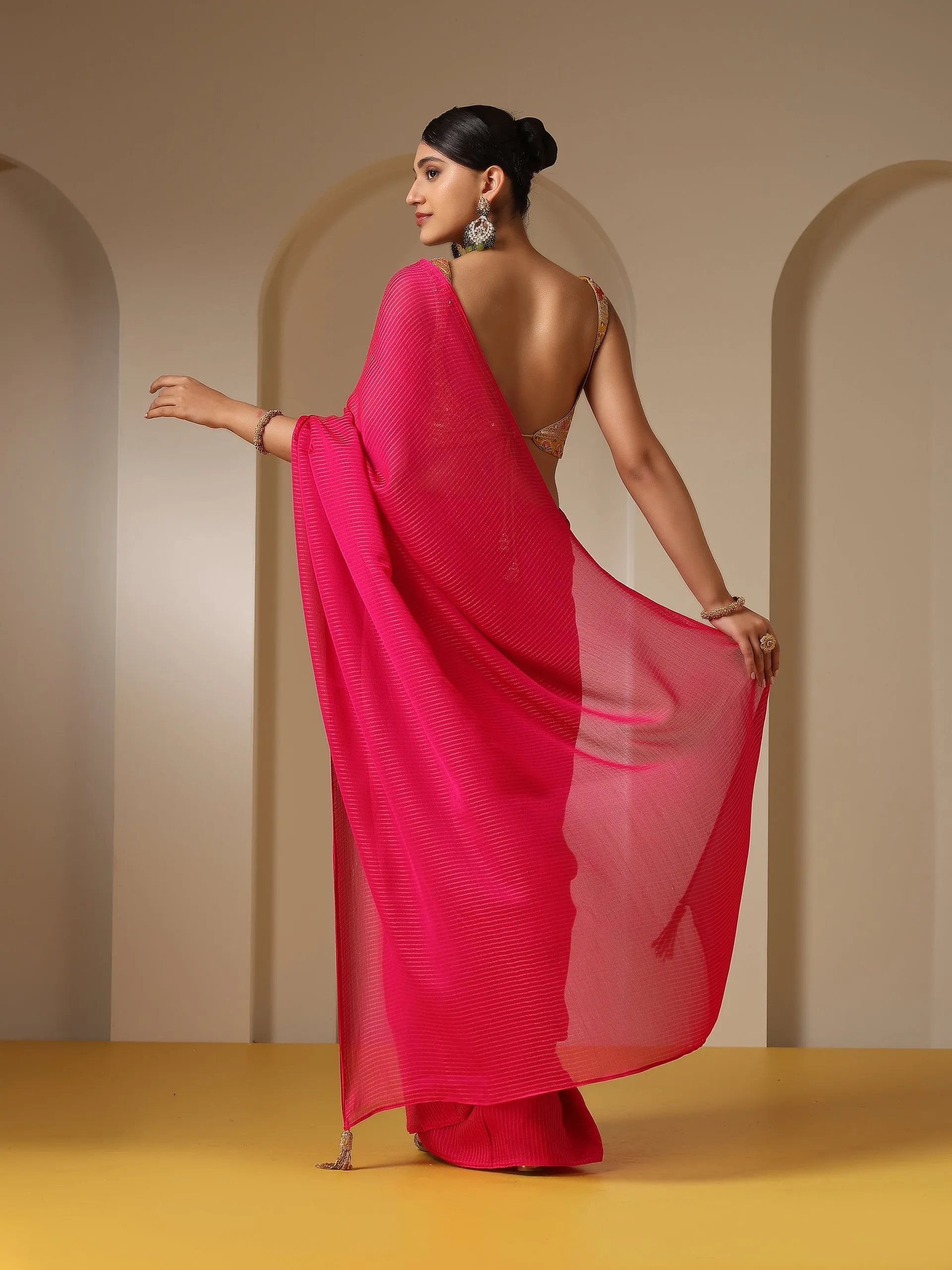 Raw Zari Stripes Fuchsia Chiffon Saree with Self Blouse Fabric