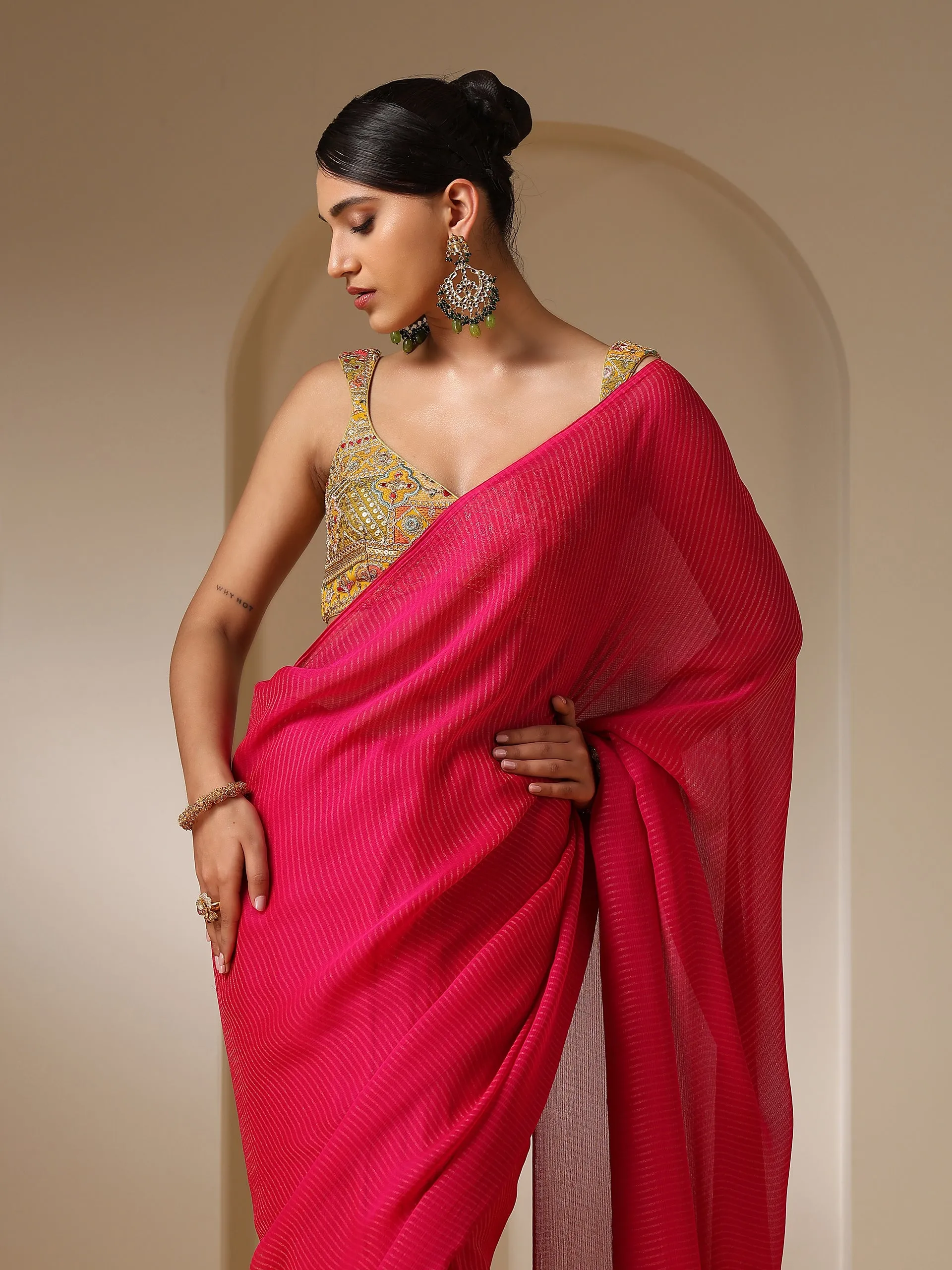 Raw Zari Stripes Fuchsia Chiffon Saree with Self Blouse Fabric