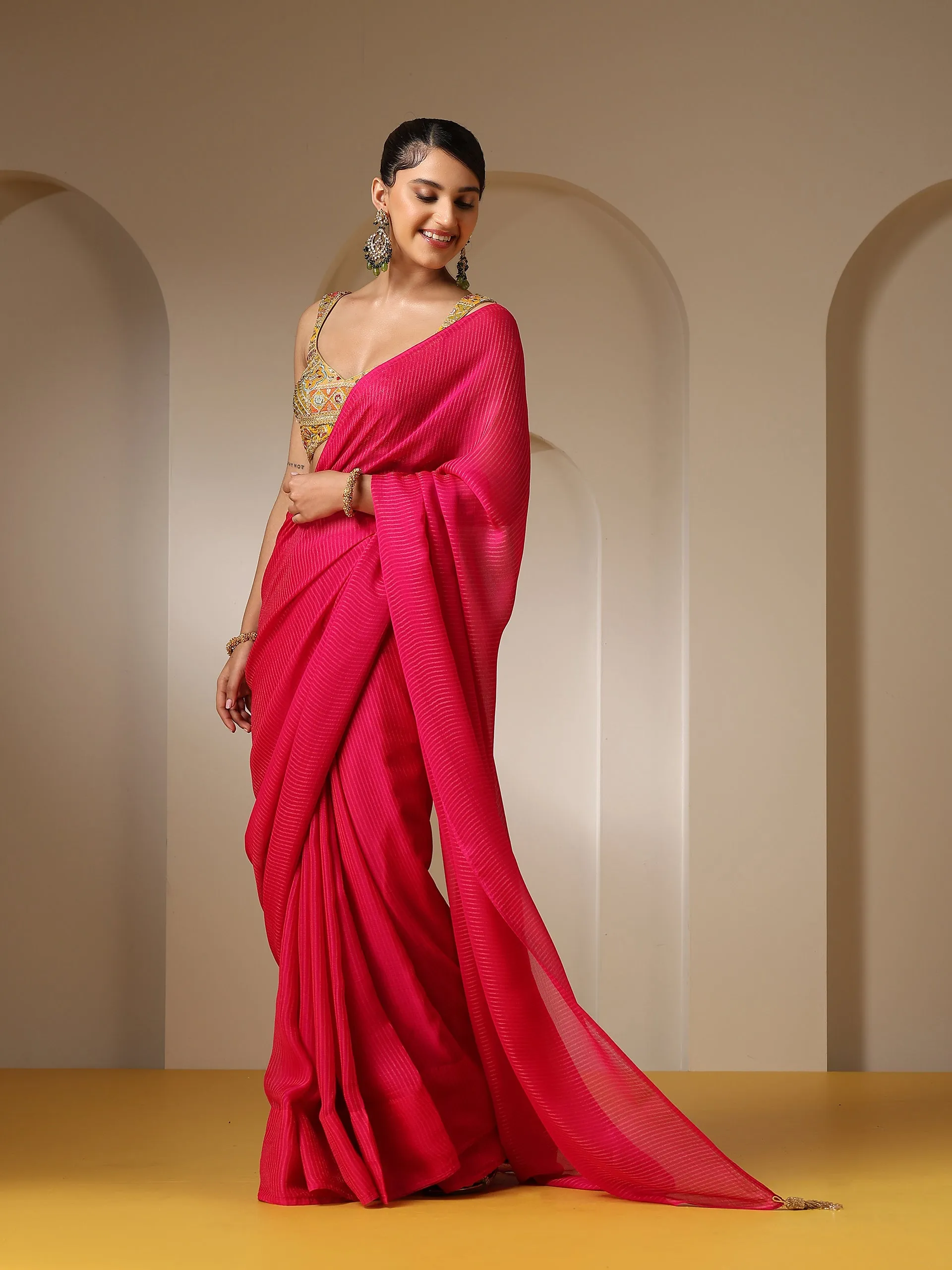 Raw Zari Stripes Fuchsia Chiffon Saree with Self Blouse Fabric