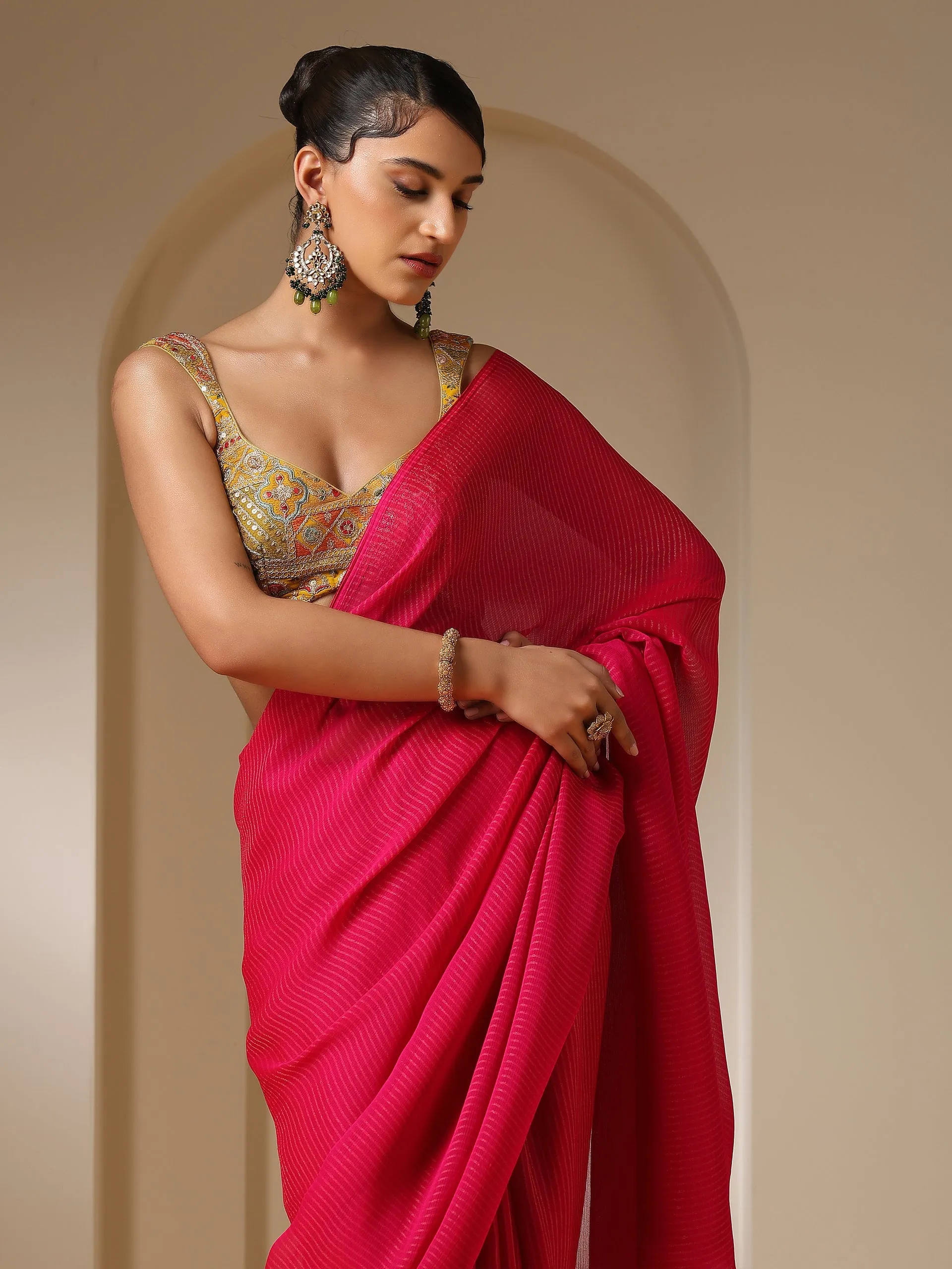 Raw Zari Stripes Fuchsia Chiffon Saree with Self Blouse Fabric