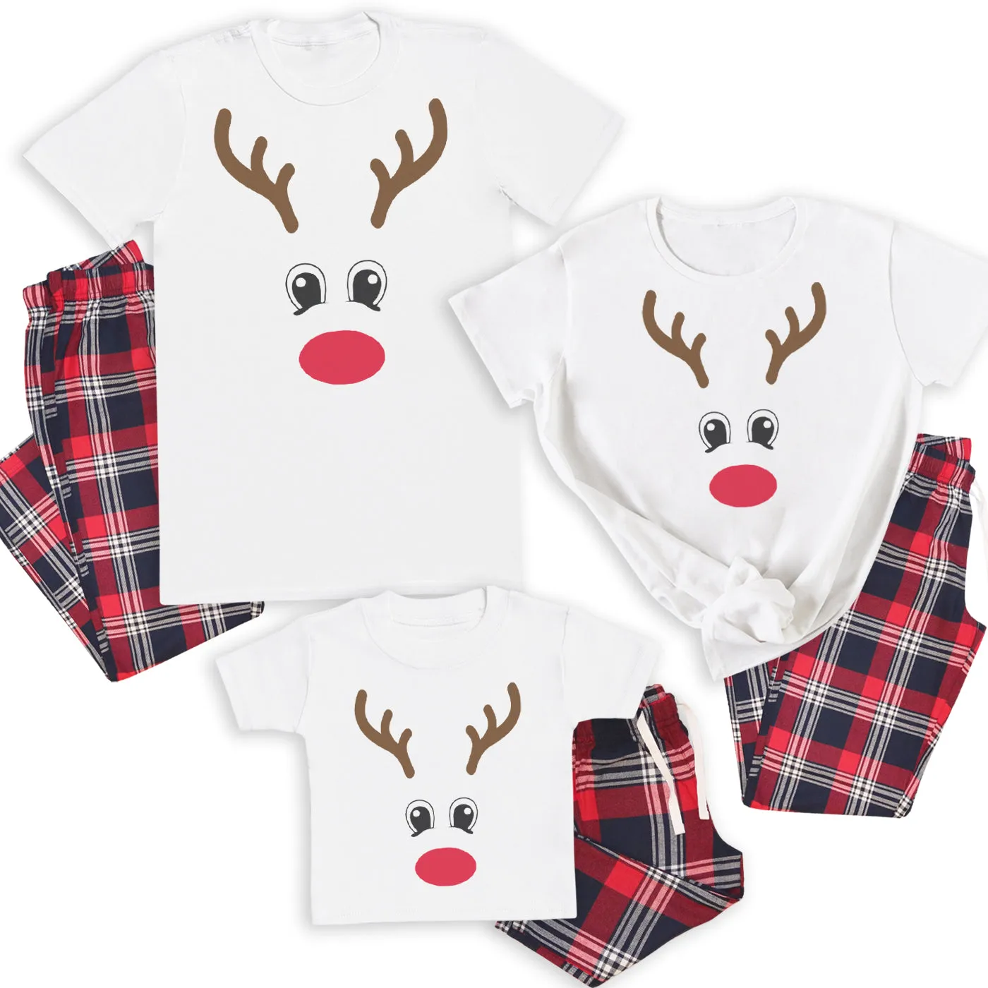 Reindeer Face - Family Matching Christmas Pyjamas - Top & Tartan PJ Bottoms - (Sold Separately)