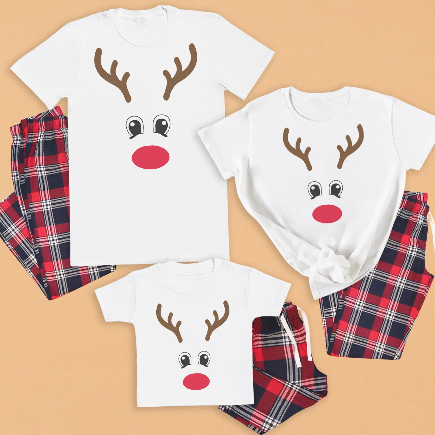 Reindeer Face - Family Matching Christmas Pyjamas - Top & Tartan PJ Bottoms - (Sold Separately)